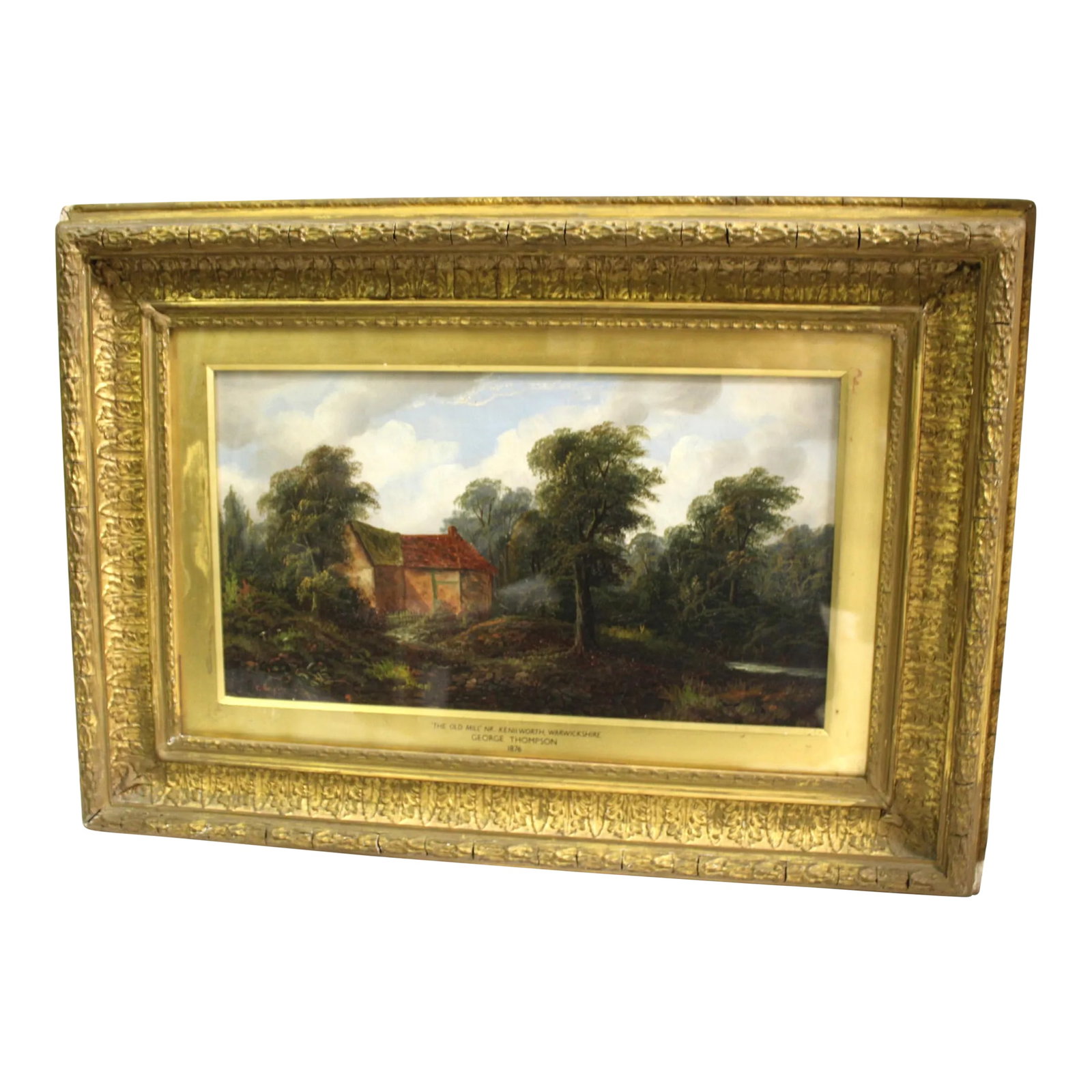 Antique English Oil Painting Country Scene 1876 Signed, Framed: An original oil on canvas painting of an English Countryside Title is ( the old mill Nr Keniworth,Warwickshire) by a listed English Artist George Thompson . Of hi quality details and in amazing
