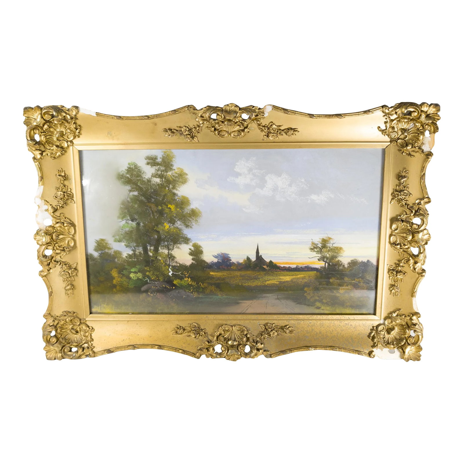 19th Century Pastel Luminist Landscape Painting in Frame: We are selling this well done pastel landscape painting. The artist was talented and captures a very nice luminist landscape with a church, unfortunately as is often the case with pastels it has some 