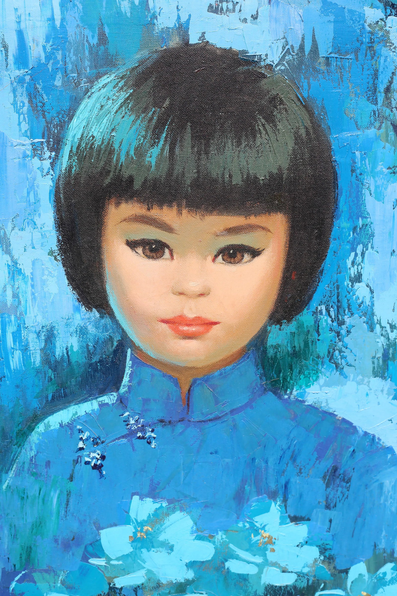 Vintage Mid Century Girl With Flowers Turquoise and Blue Impressionist Oil Painting - 10