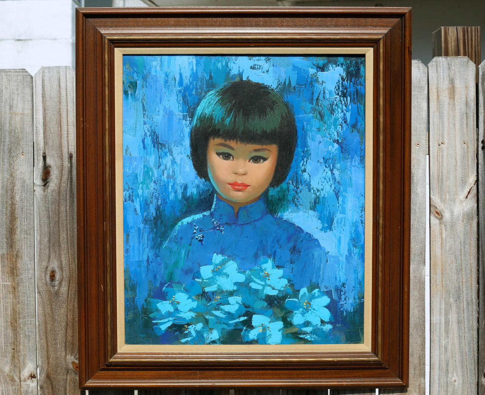 Vintage Mid Century Girl With Flowers Turquoise and Blue Impressionist Oil Painting - 11