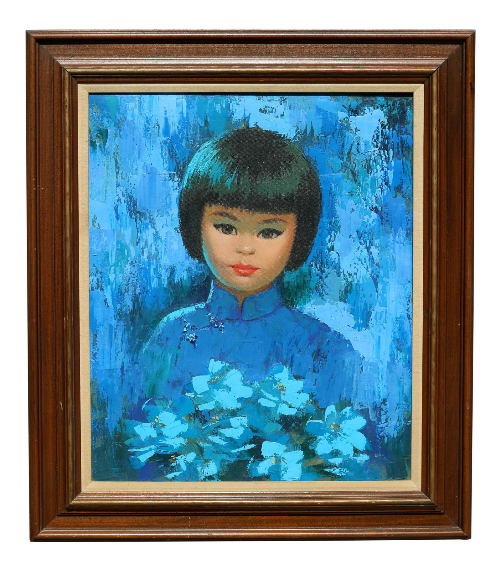 Vintage Mid Century Girl With Flowers Turquoise and Blue Impressionist Oil Painting: A vintage mid-century impressionist portrait oil painting of a girl wearing a tangzhuang jacket and holding a bouquet of flowers. It is signed "DiAngelo" and numbered "465". The painting is mounted