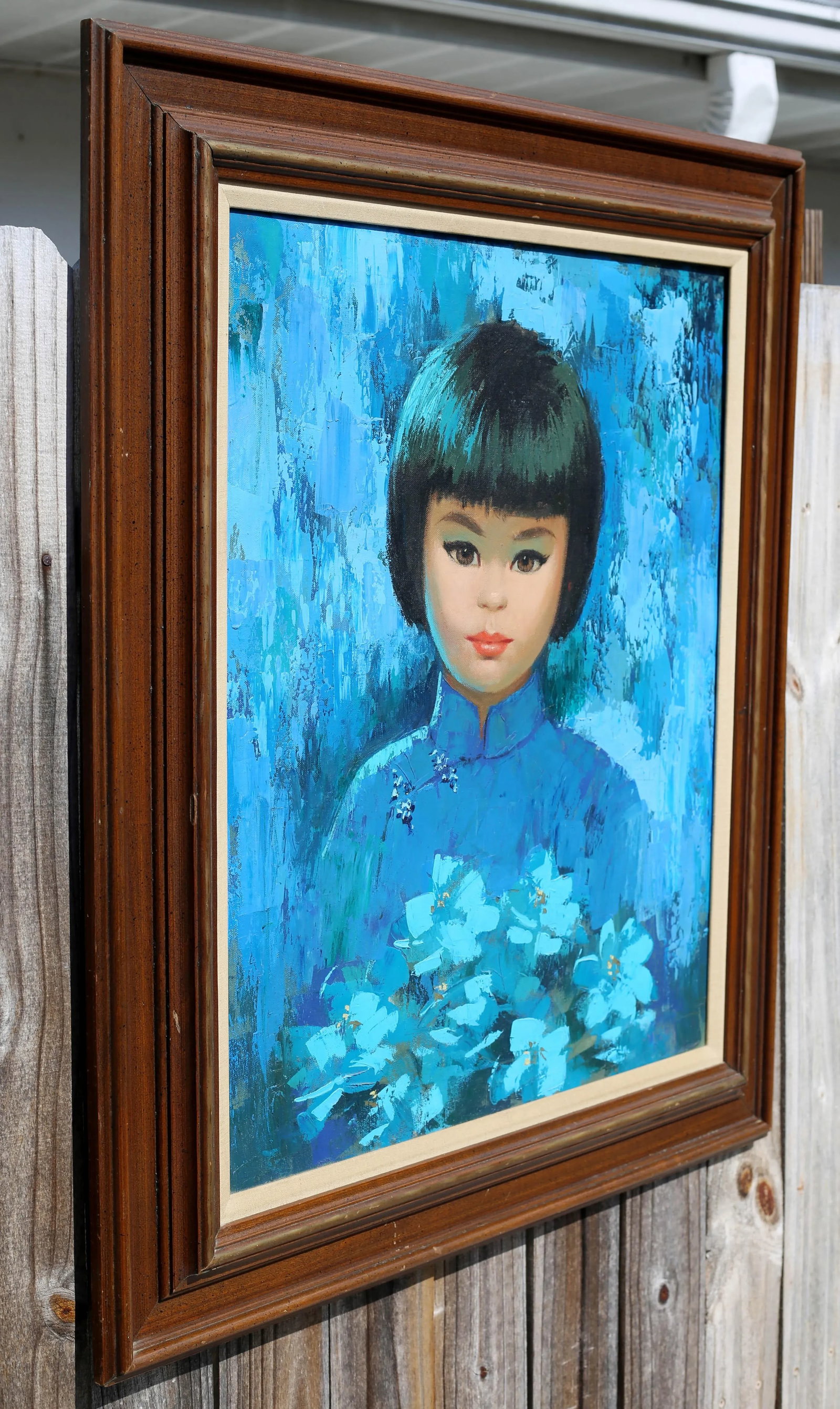 Vintage Mid Century Girl With Flowers Turquoise and Blue Impressionist Oil Painting - 2