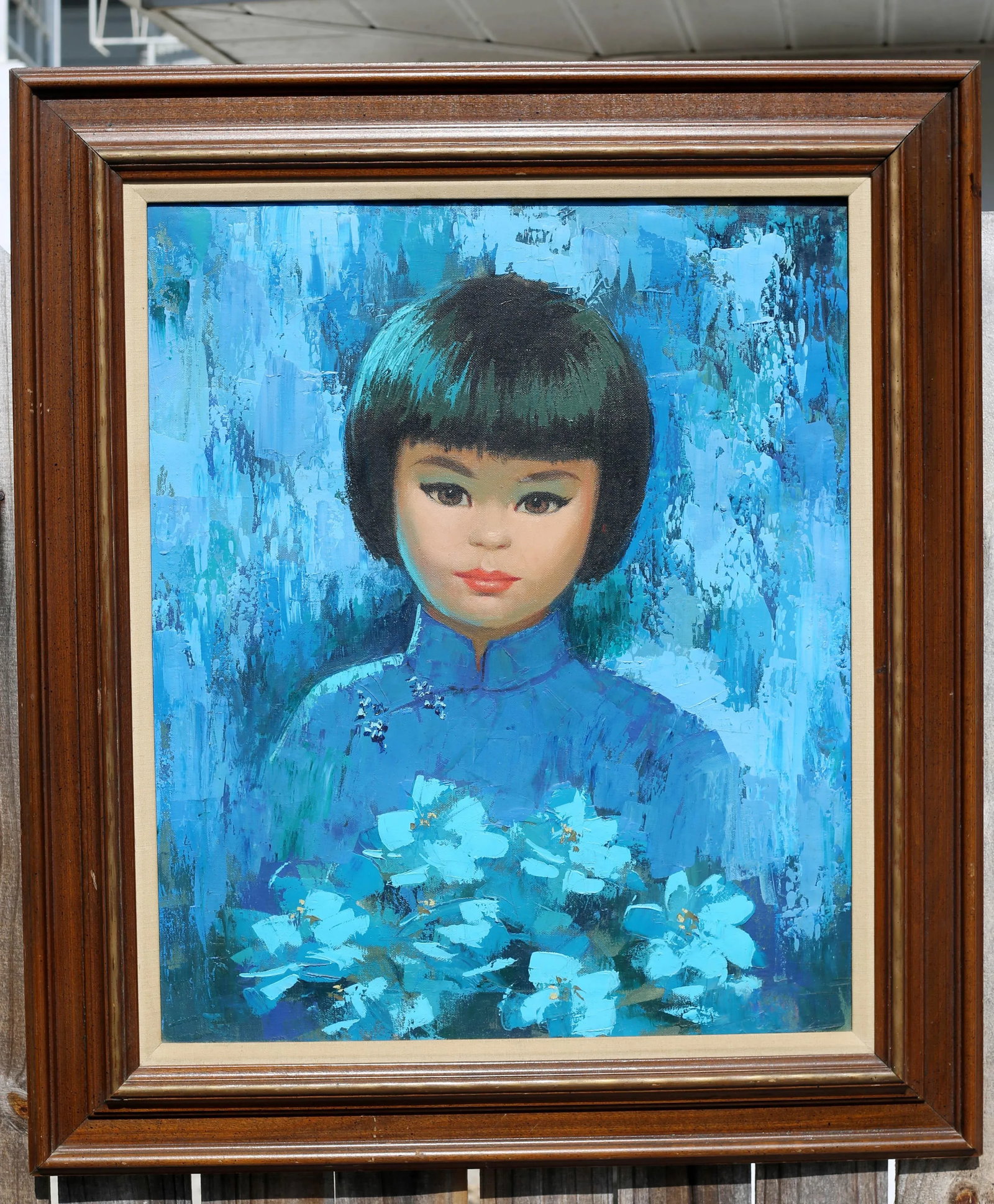 Vintage Mid Century Girl With Flowers Turquoise and Blue Impressionist Oil Painting - 3