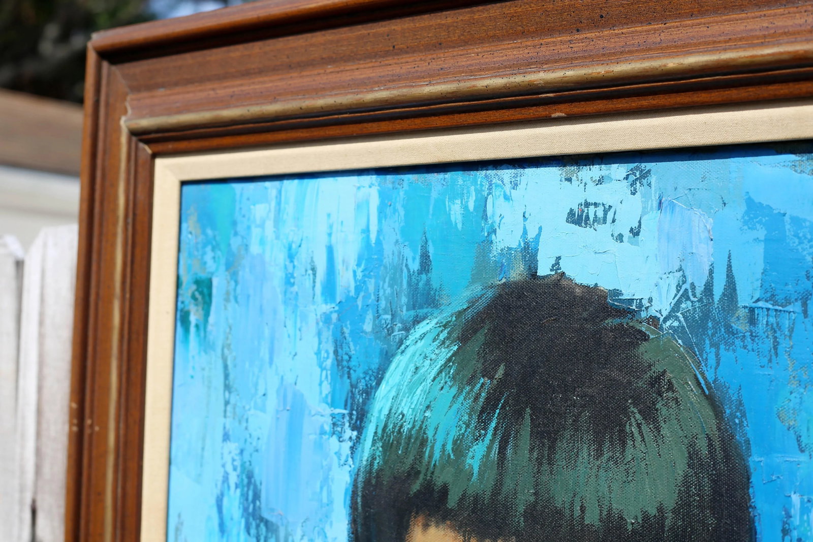 Vintage Mid Century Girl With Flowers Turquoise and Blue Impressionist Oil Painting - 4