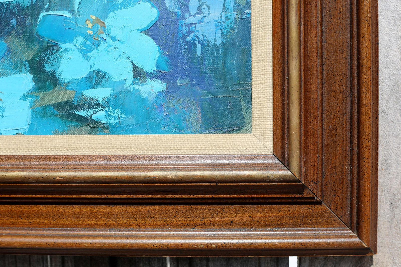 Vintage Mid Century Girl With Flowers Turquoise and Blue Impressionist Oil Painting - 6