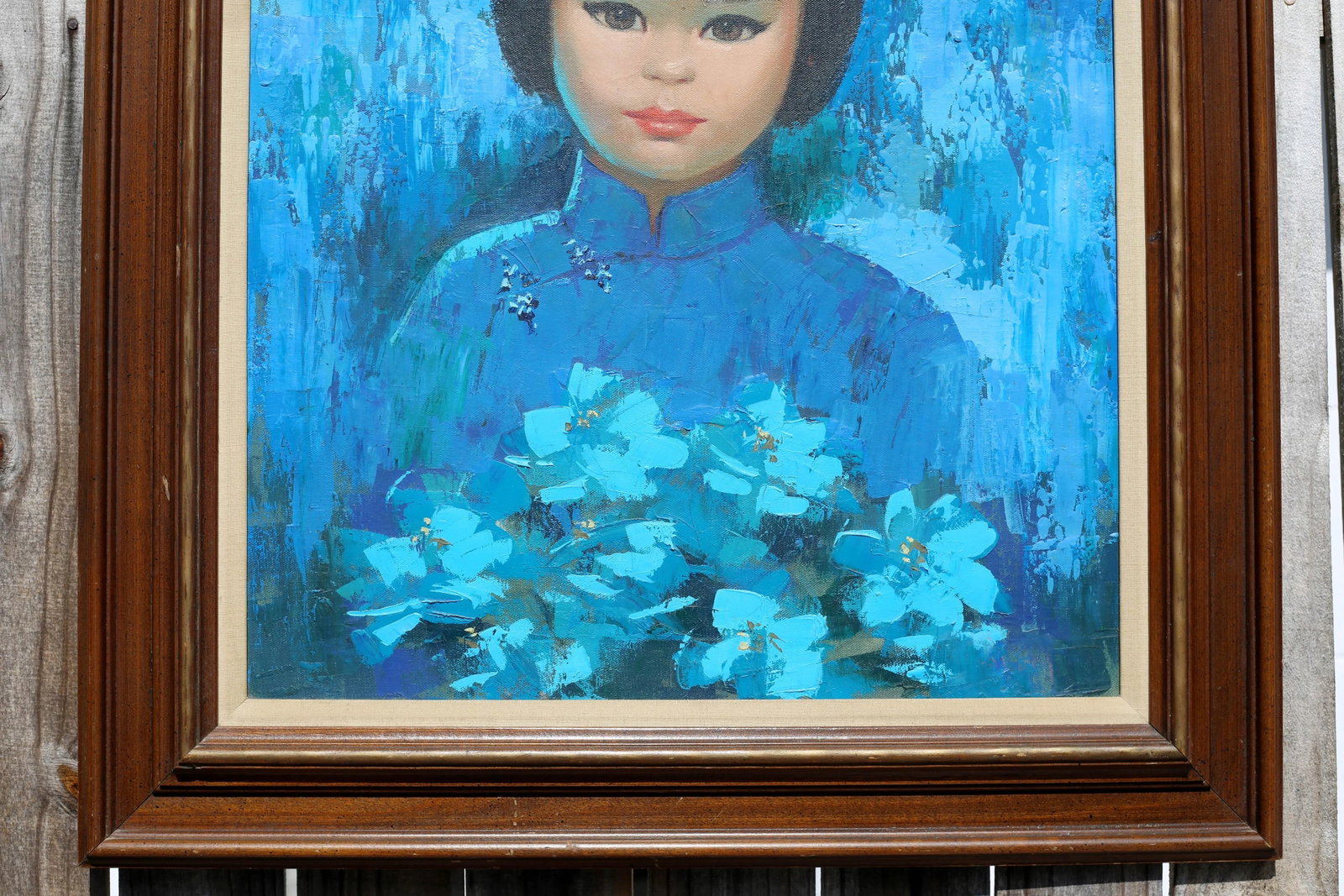 Vintage Mid Century Girl With Flowers Turquoise and Blue Impressionist Oil Painting - 7