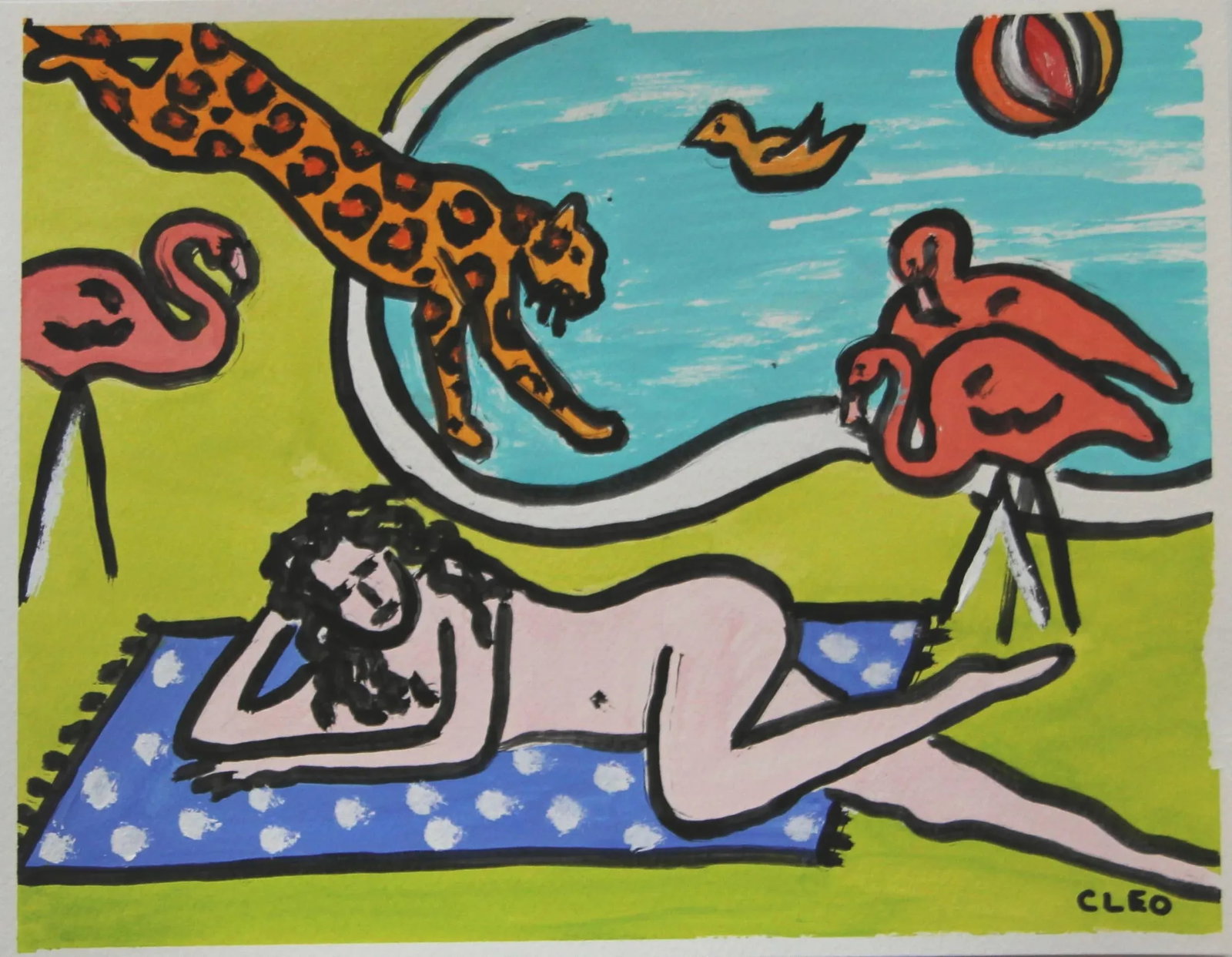 Nude at Pool Leopard Lawn Flamingos Impressionism Pop Art Original Painting by Cleo Plowden: Fauvist impressionist nude a la Matisse, with leopards and lawn flamingos by a pool. In, blue, white, bright gold, aqua, pink, yellow green, and black. Coordinating pop art surrealism paintings must