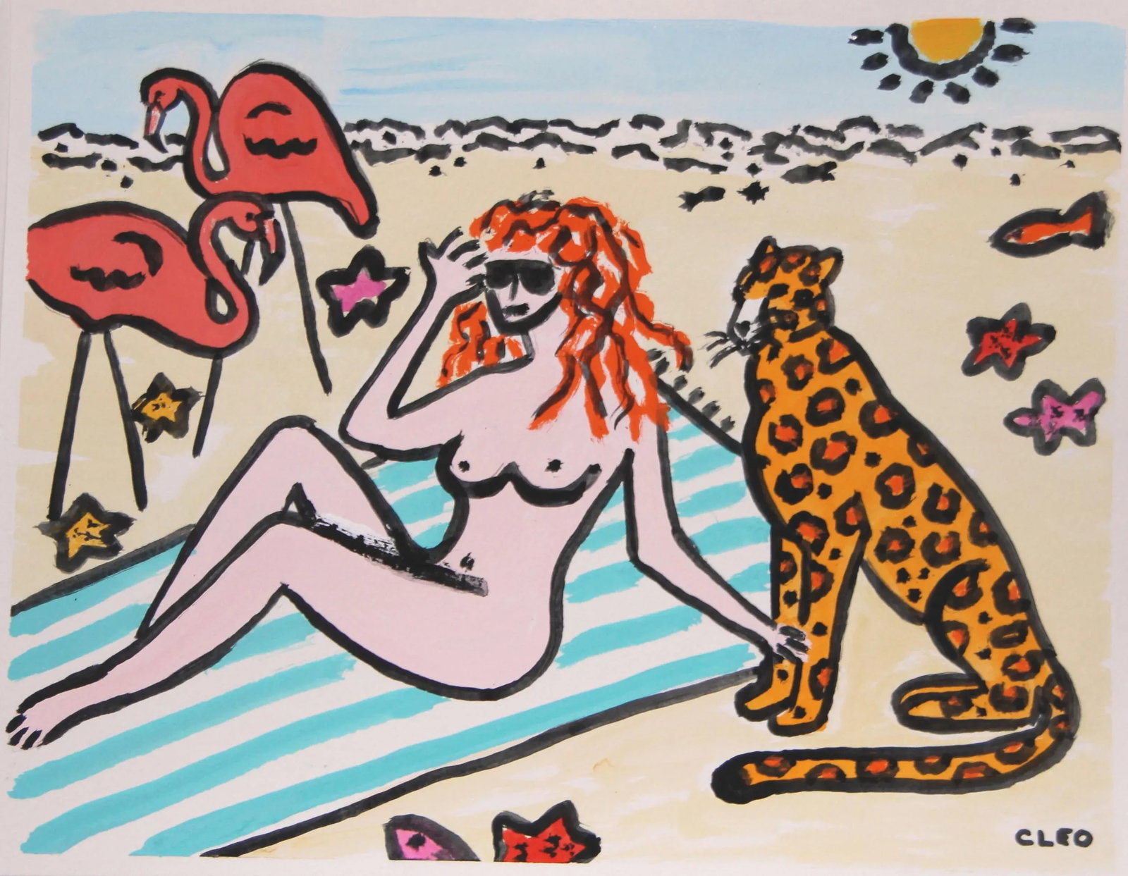 Nude at Pool Leopard Lawn Flamingos Impressionism Pop Art Original Painting by Cleo Plowden - 3