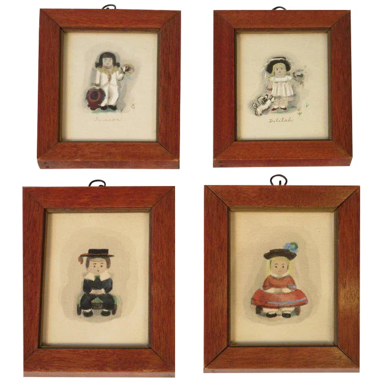 4 Small Water Colors of 19th Century Children: 4 small water colors of 19th century children from a Madison Ave. gallery in NYC. Each child has his name written under the image. From a Southampton, NY estate. Condition: Alterations: Original