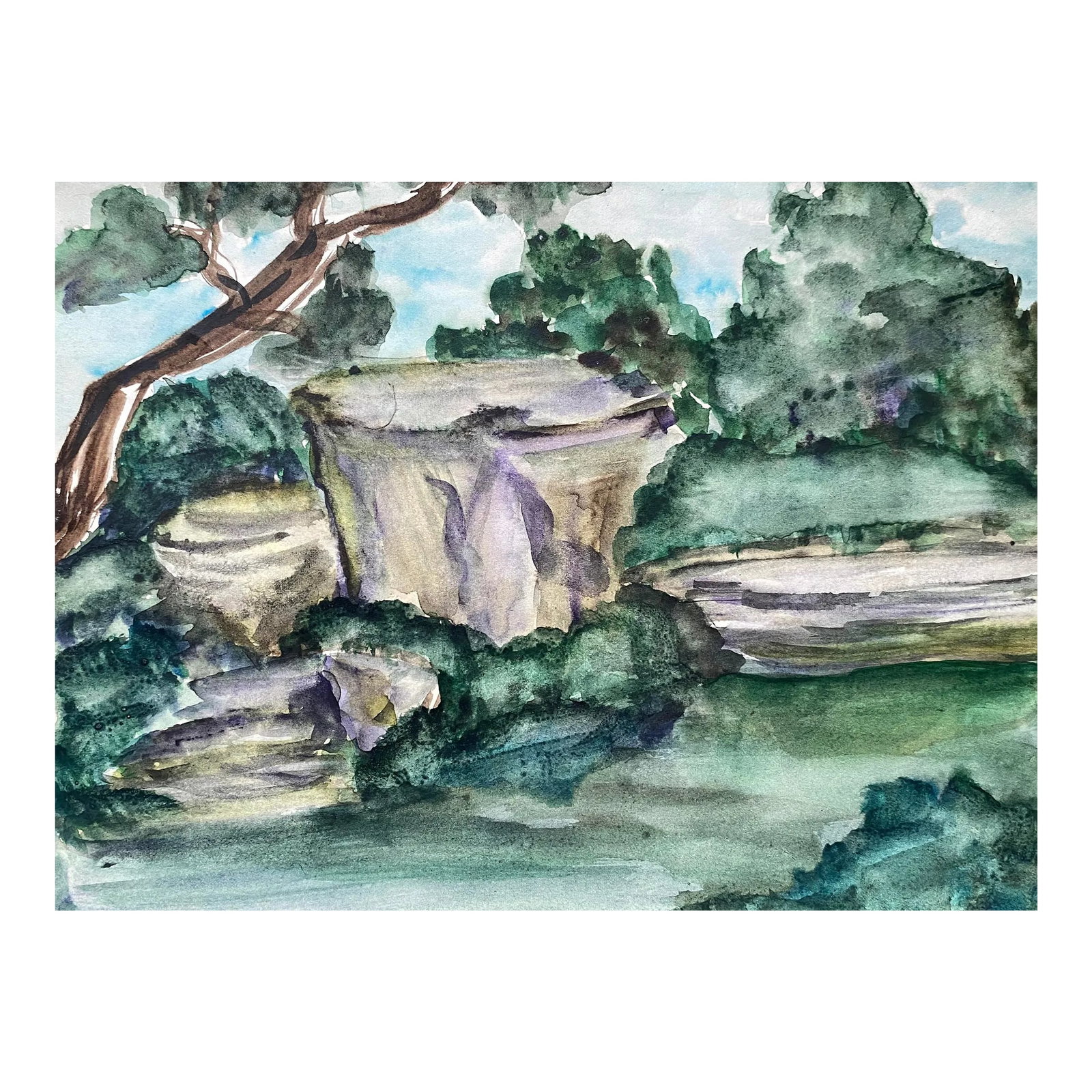 1950s Landscape Watercolor by Virginia Spencer: 1950s watercolor landscape by artist Virginia Spencer from a sketchbook containing mostly San Francisco scenes. Unsigned with a portrait of a woman on the back. Combined shipping available, please