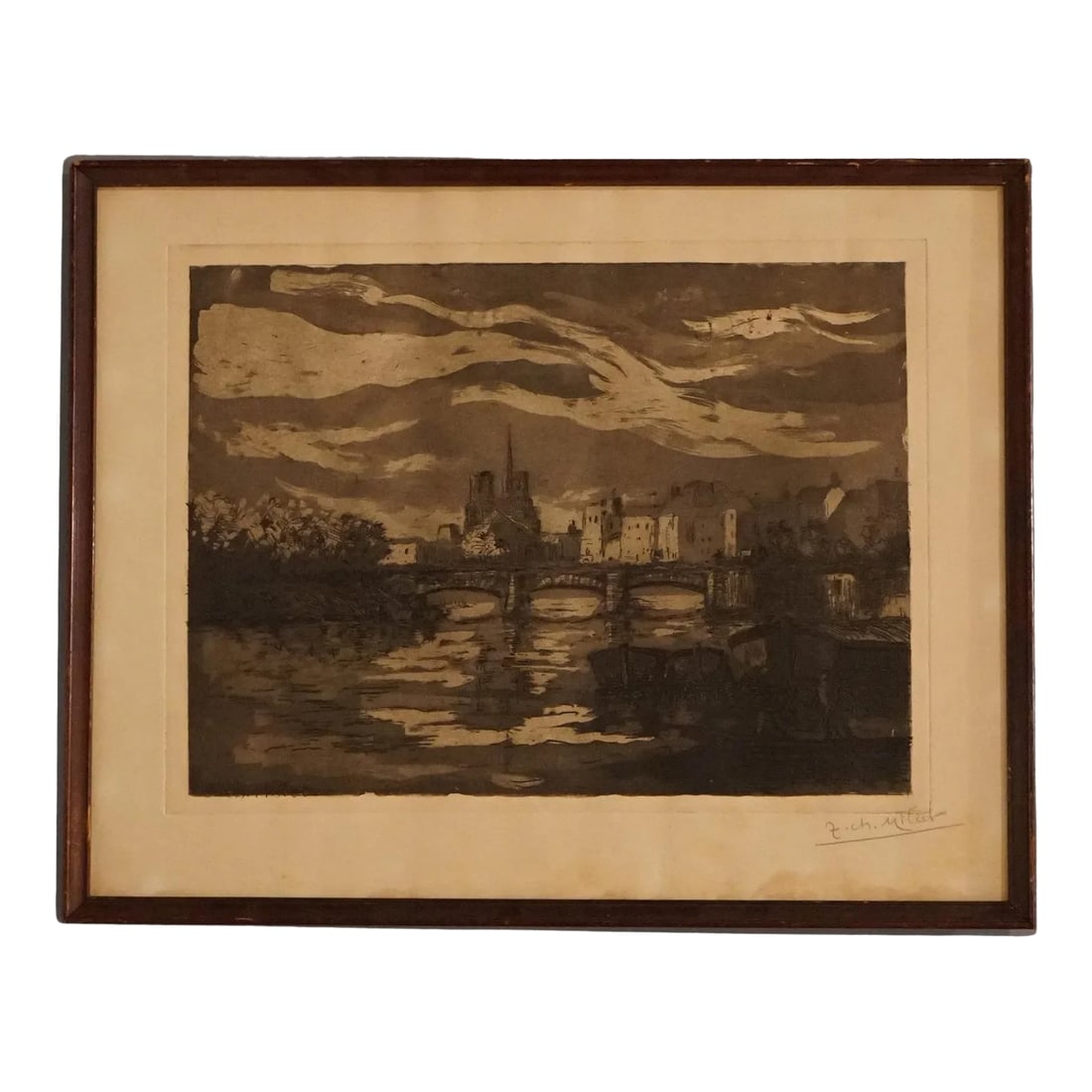 Antique French Cityscape Etching Signed Jean Charles Millet Circa 1920, Framed: An antique French etching by Jean Charles Millet offers evening cityscape scene with river, bridge and structures, artist signed as photographed, circa 1920 Signed lower left in black Millet Measures-
