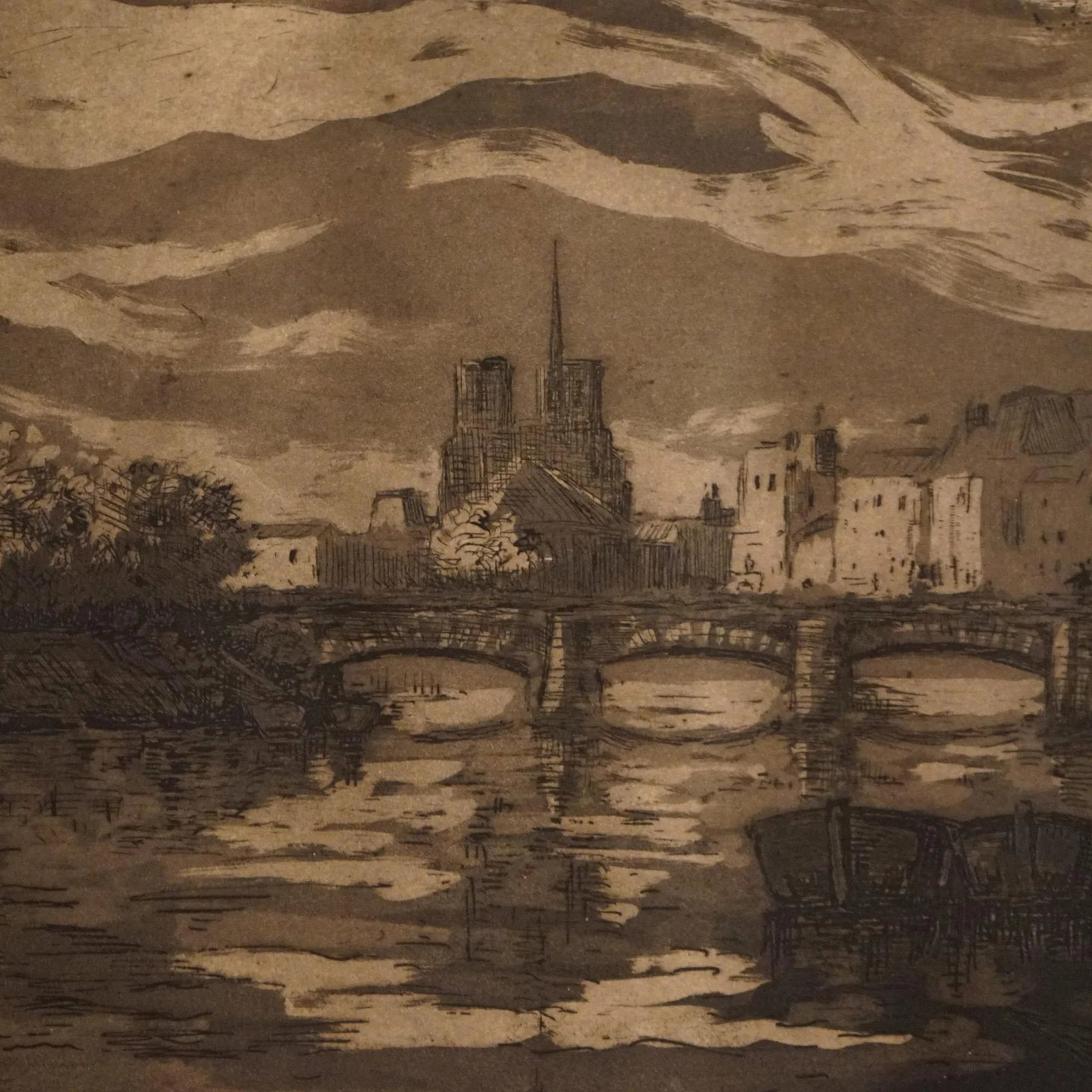 Antique French Cityscape Etching Signed Jean Charles Millet Circa 1920, Framed - 3