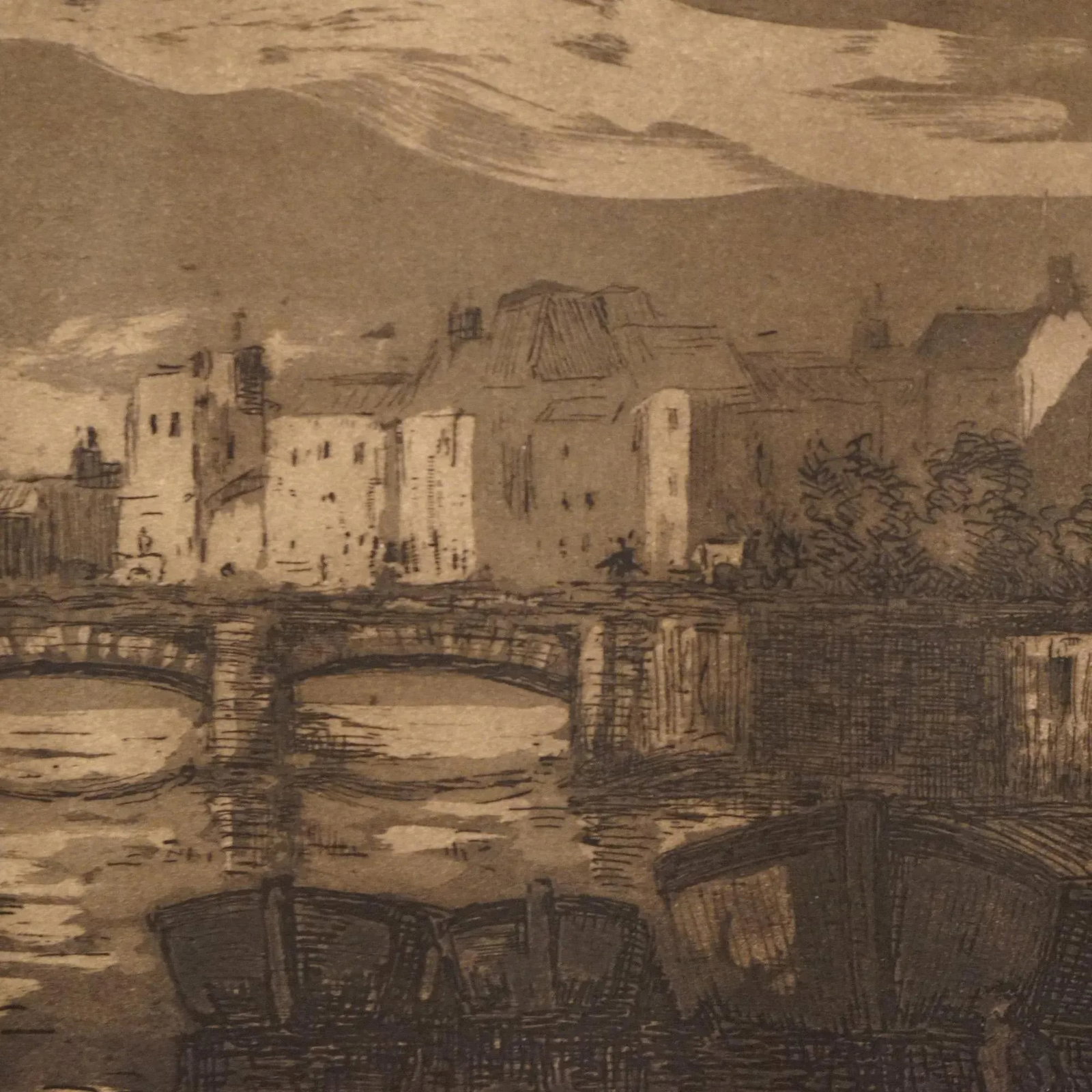 Antique French Cityscape Etching Signed Jean Charles Millet Circa 1920, Framed - 4