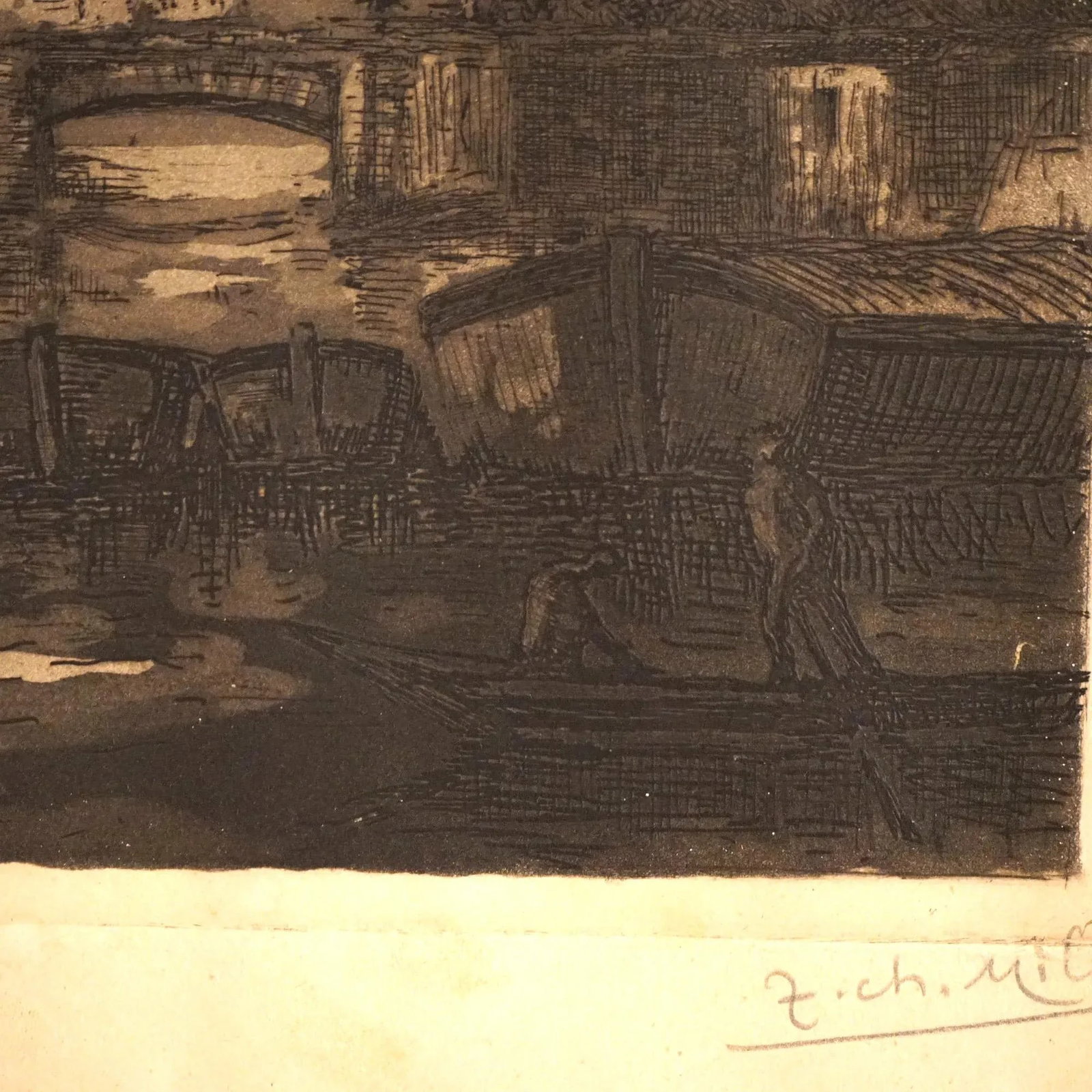 Antique French Cityscape Etching Signed Jean Charles Millet Circa 1920, Framed - 7