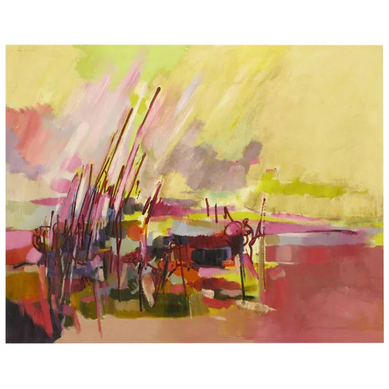 Amethyst & Yellow Abstract Oil on Canvas Titled "Everglades": Oil on canvas abstract painting entitled "Everglades", unsigned. Very colorful with much movement in predominantly purple,yellow, and green tones. Gilt wood frame. Condition: Alterations: Original
