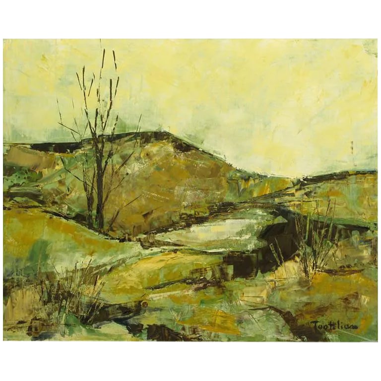 Impressionist Landscape Oil Painting by Tootelian: Impressionist oil on canvass of a stark, rocky landscape in browns, teal, gold and blue. Signed Tootelian. Stamped "NAL Juried" with handwritten '67, indicating it was exhibited in a mid-century
