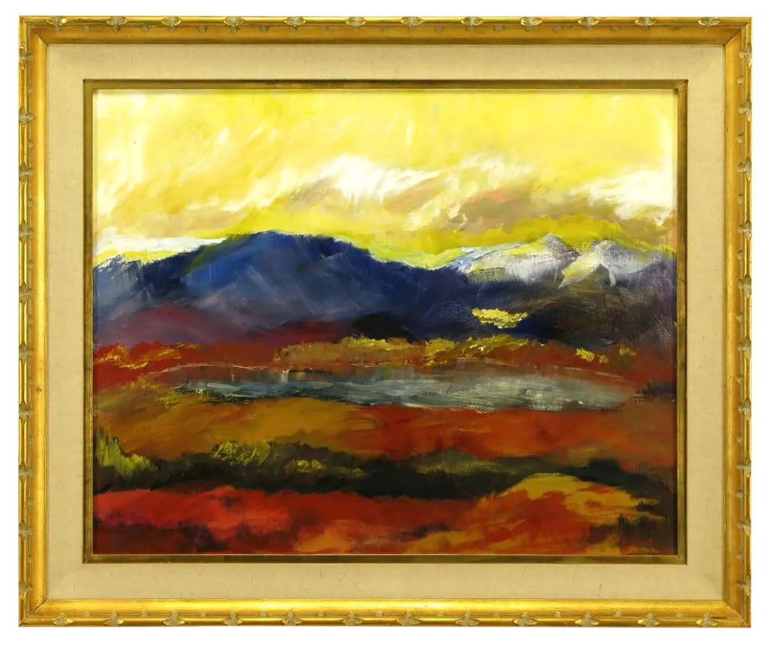 Expressionist Landscape Oil Painting by Barbara Leadabrand, American,(1922-1994): Colorful expressionist mountain scene with lake in reds, gold, yellow, violet, blue and white; most likely by Barbara Leadabrand (1922-1994), a renowned Pasadena painter and sculptor. Giltwood frame w