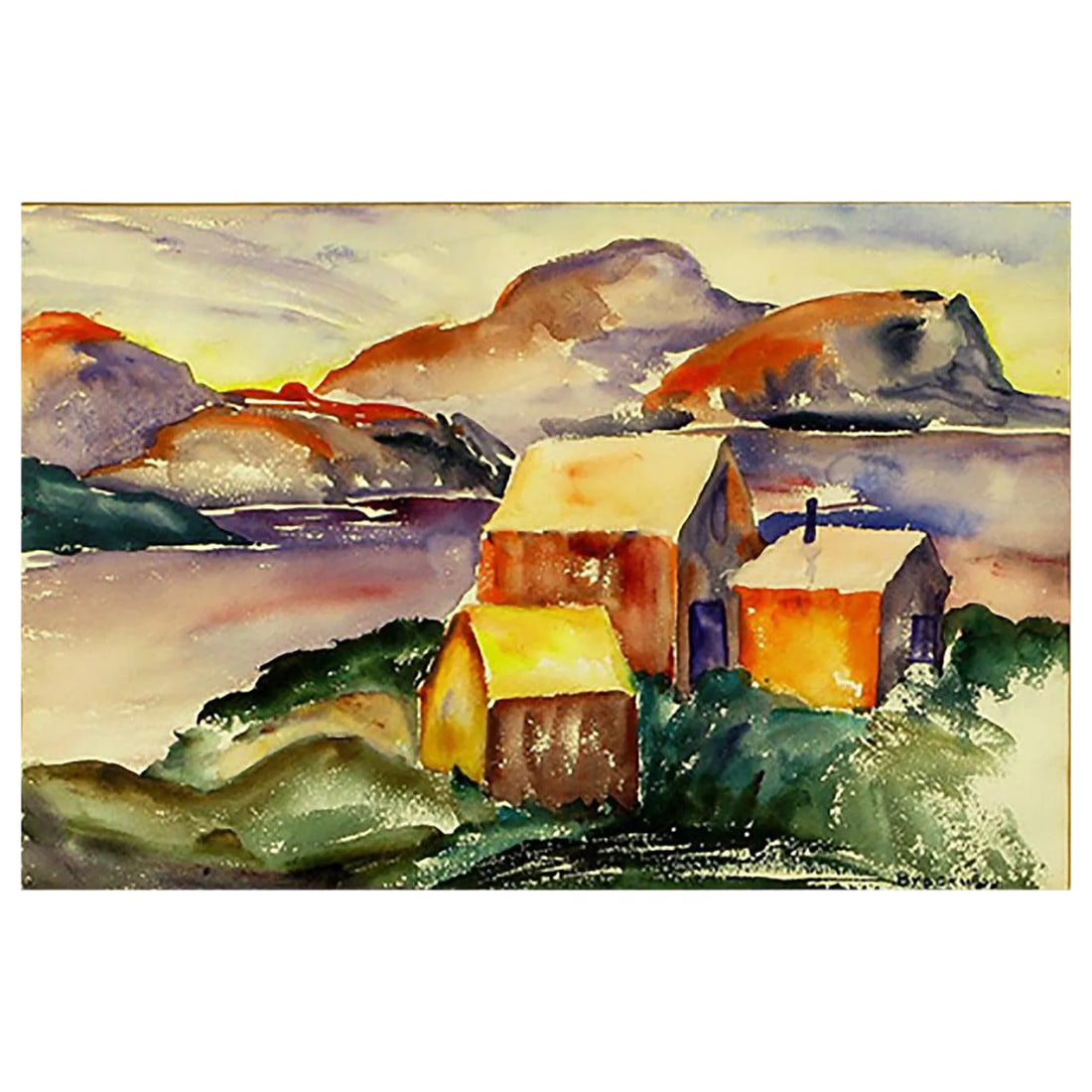 Vibrant Water Color of a Mountain Homestead, Signed Brockway: Excellent color and technique in this vintage water color signed Brockway. Possibly a Michael Brockway, listed English watercolorist born 1919 and an honorary life member of the New English Art Club. 