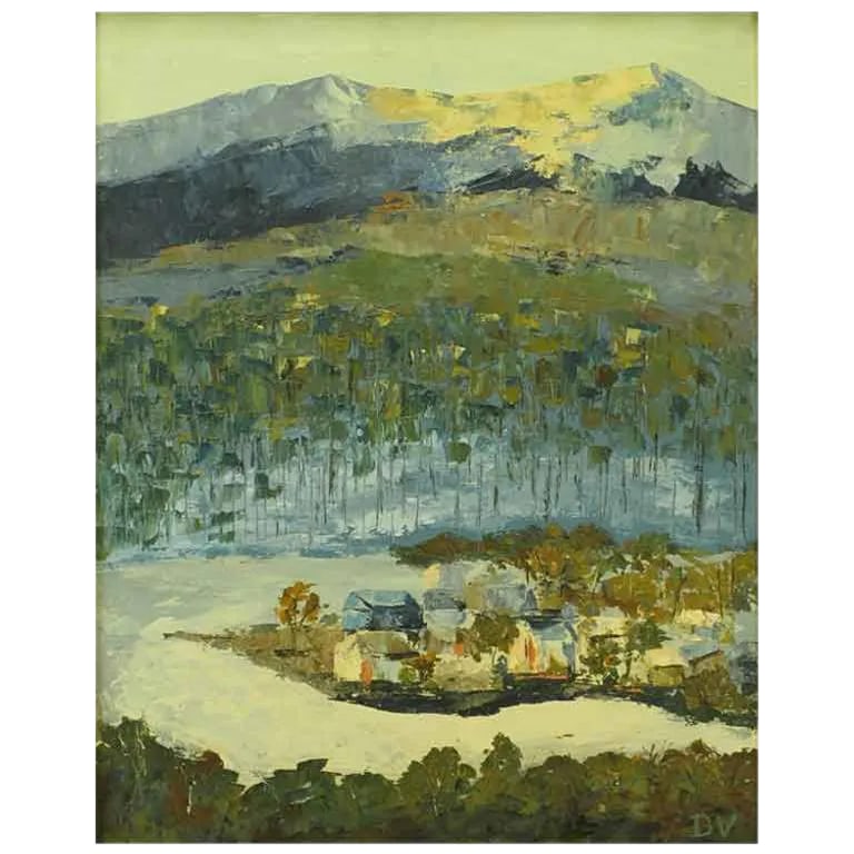 Signed Oil on Board Abstract of Village & Mountains: Abstract oil on art board by Dorothy Vanderplas titled "Valley". Blues, greens. browns, and whites all in the realm of nature, executed with broad stokes and abstract imagery. Frame consists of two