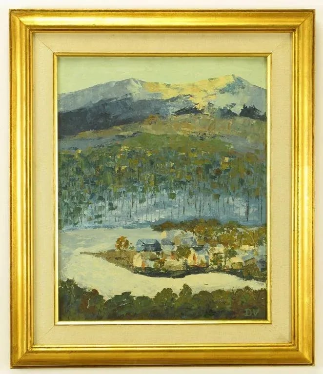 Signed Oil on Board Abstract of Village & Mountains - 2