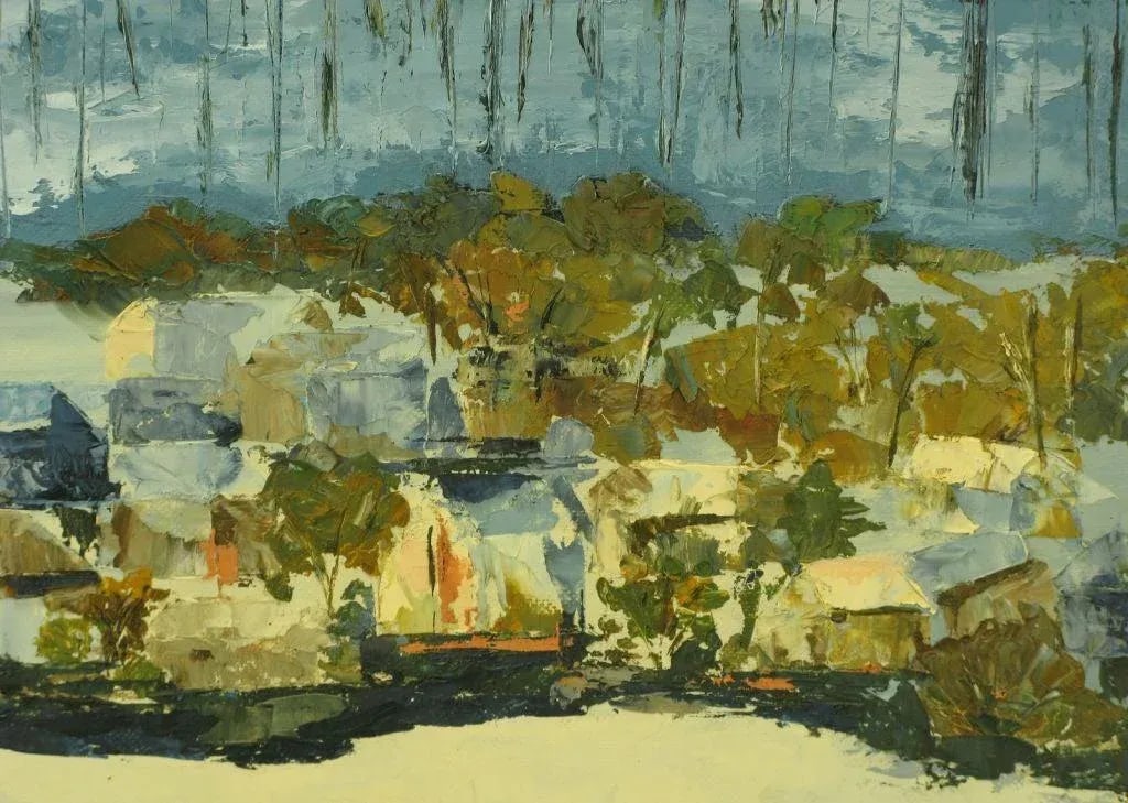 Signed Oil on Board Abstract of Village & Mountains - 3