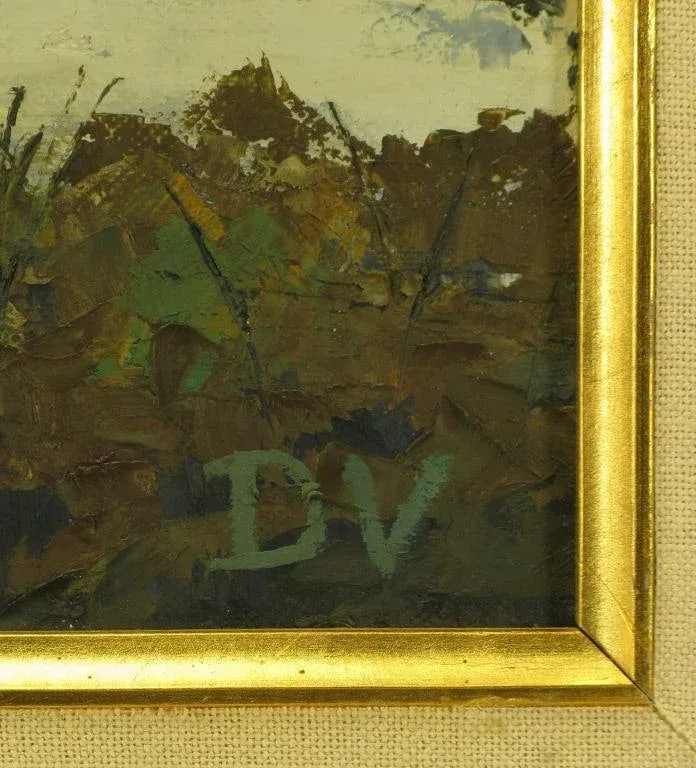 Signed Oil on Board Abstract of Village & Mountains - 6