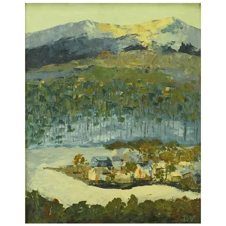 Signed Oil on Board Abstract of Village & Mountains - 7