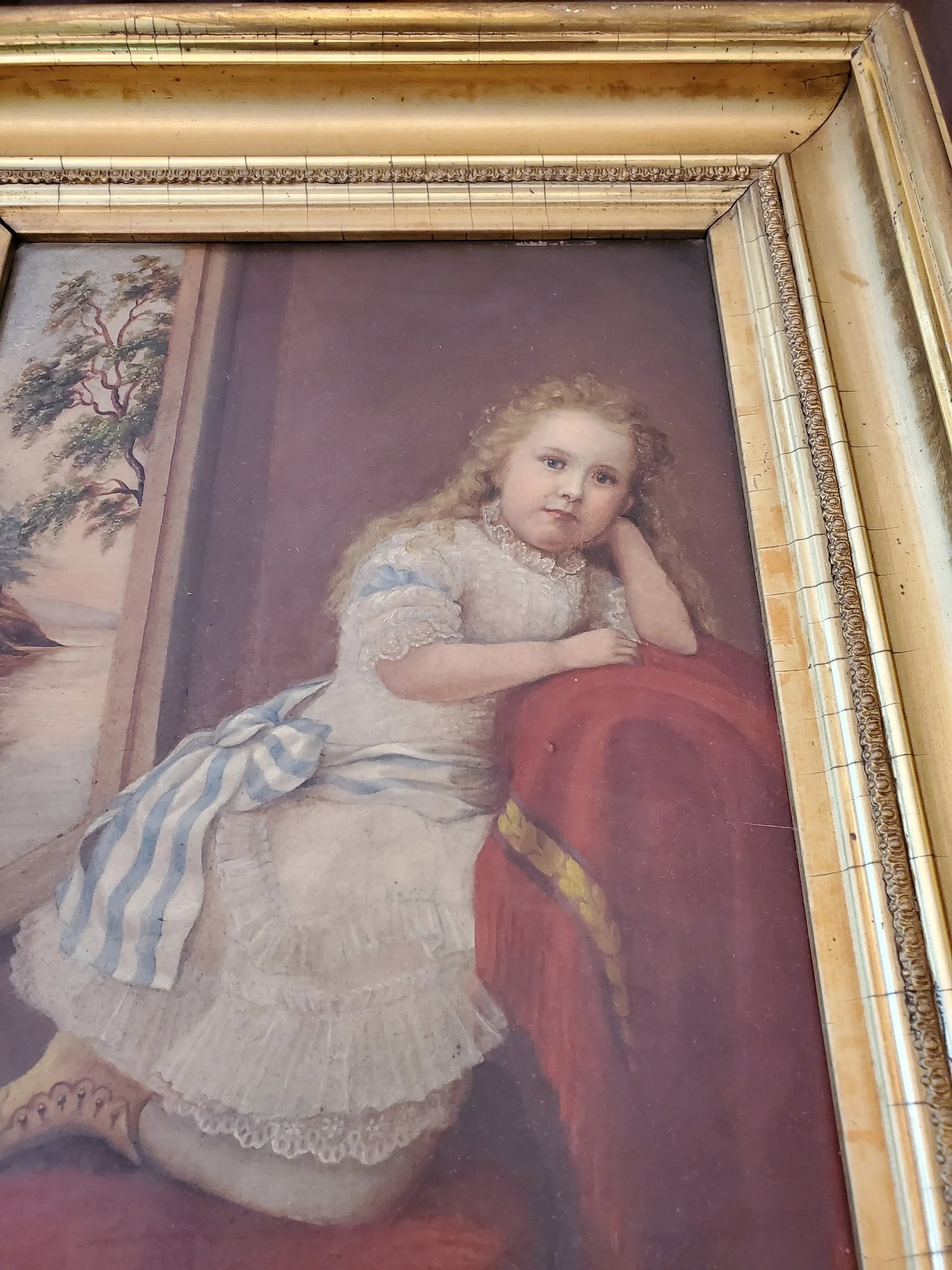 Early 19th Century Antique Americana Painting of a Little Girl Gold Leaf Frame - 2