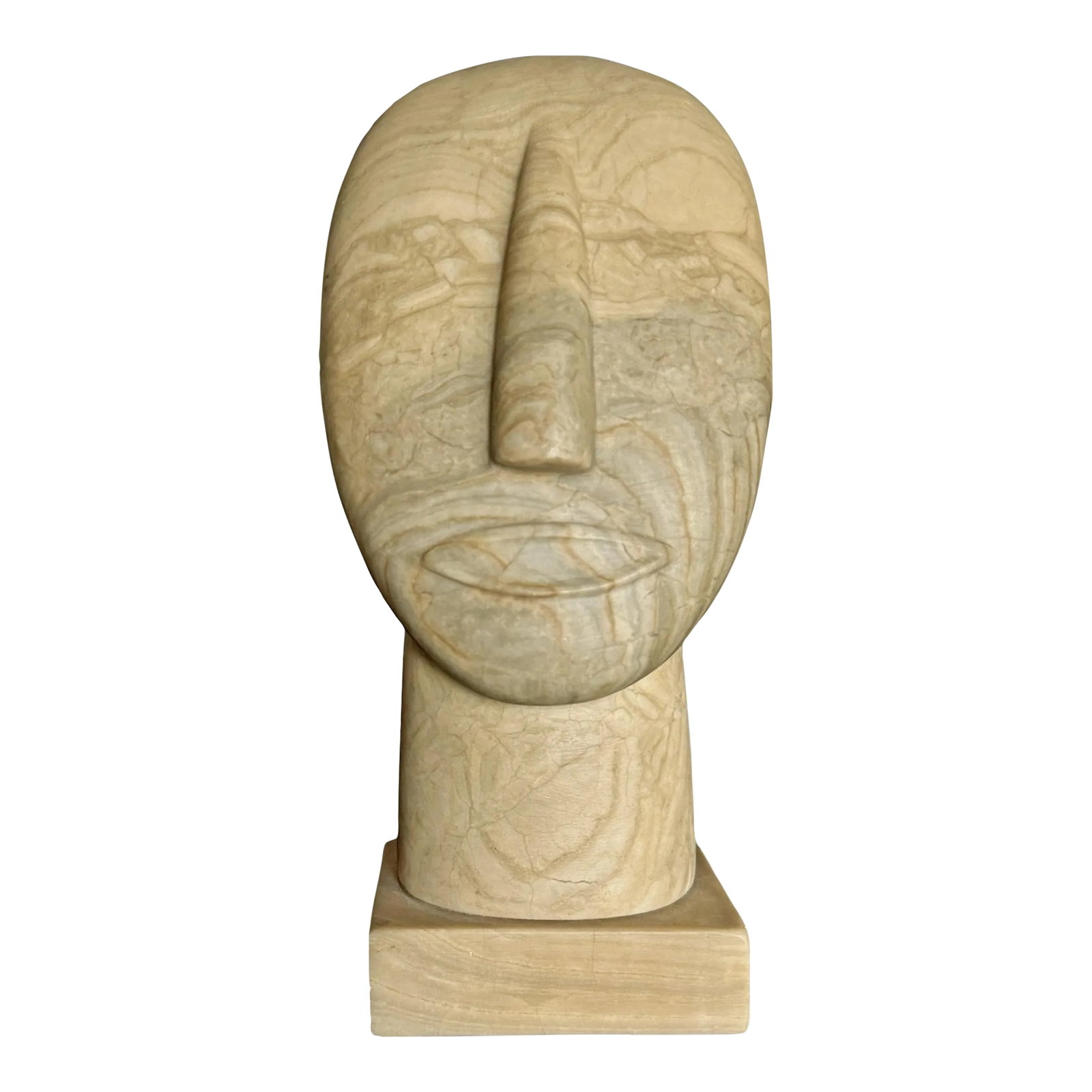 Modernist Carved Stone Portrait Bust: This 21st century hand-carved stone portrait bust is expertly hewn from a striped gray and tan stone. The artist expertly and intentionally utilized the natural veining of the stone to form the eyes,