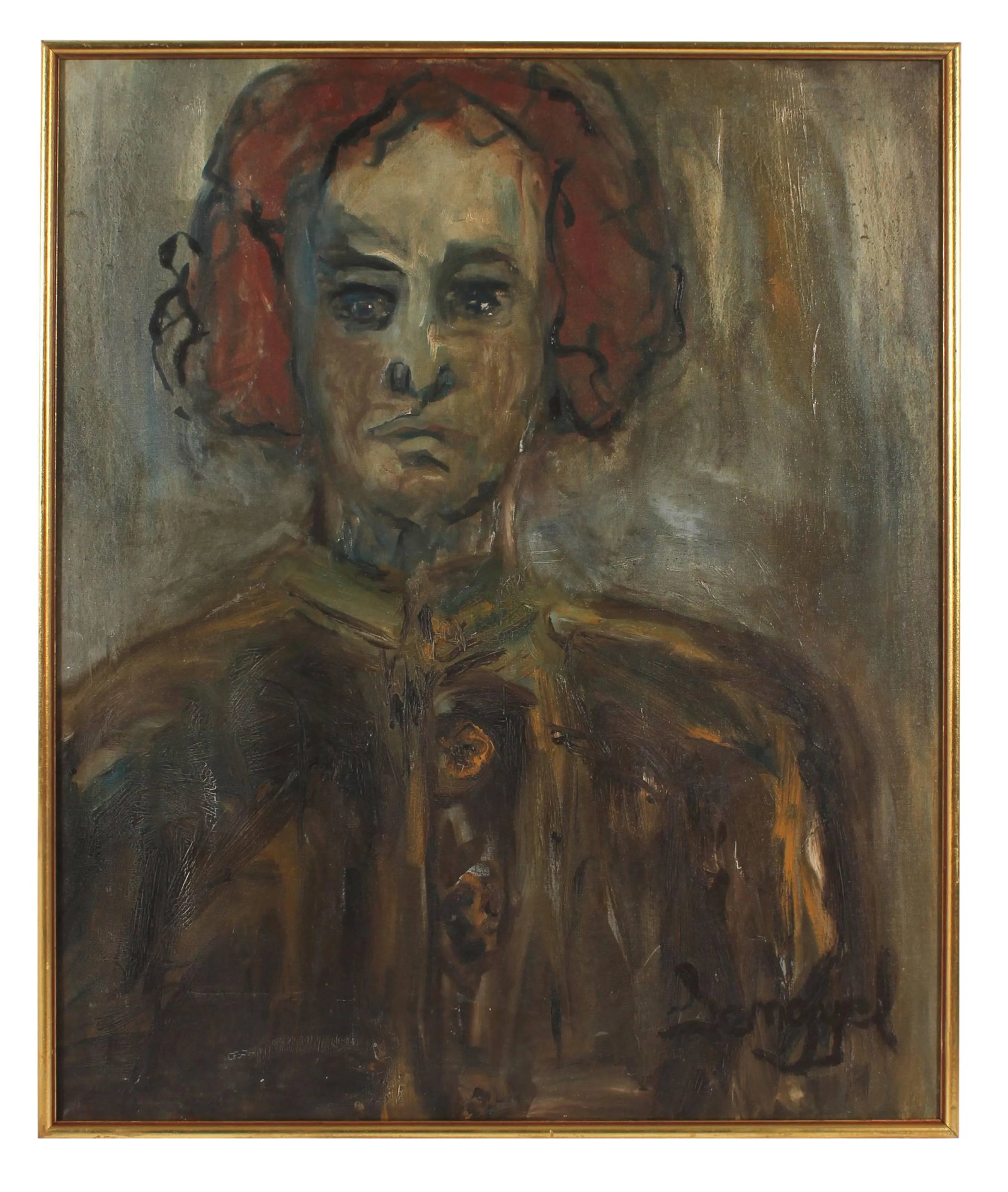 Laura Lengyel "Kathleen Brown, the Painter, Oakland" Portrait in Gray Brown & Rust Red, 1967 1967: This 1967 oil on canvas portrait entitled "Kathleen Brown, The Painter, Oakland" in in gray, brown & rust-red is by Bay Area painter and sculptor Laura Lengyel (b. 1946). She studied at Oakland's Mill