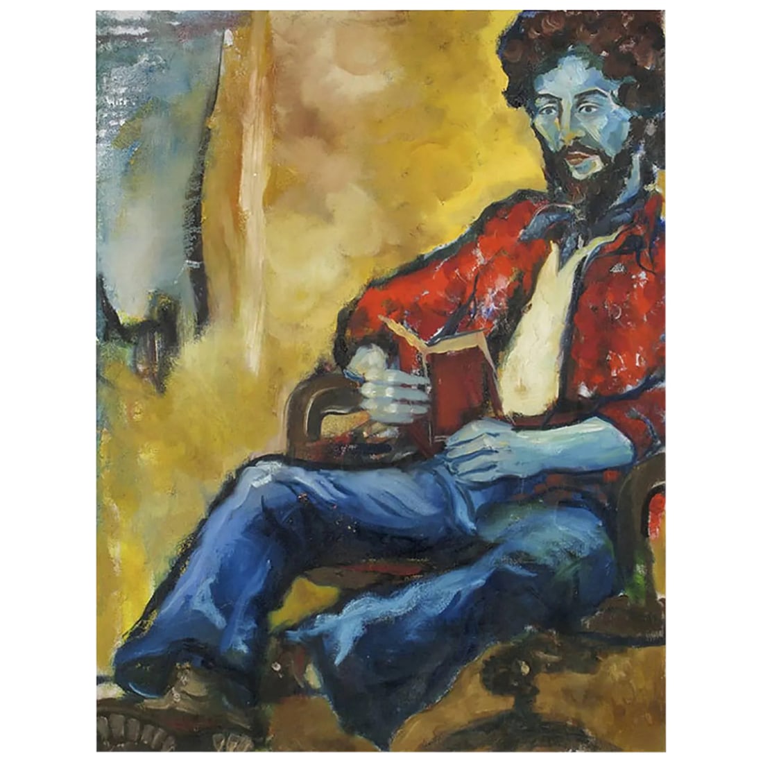 Large and Colorful Expressionist Portrait Signed an Hua Hsiung: Expressionist portrait of a bearded young man in a red shirt and blue jeans, reading from a book. Signed An Hua Hsiung in verso. Rustic wood frame. Condition: Alterations: Original Condition