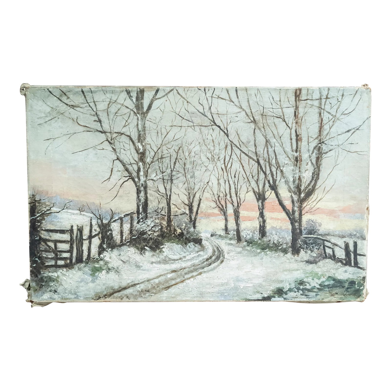 19th Century American Rustic Oil on Canvas Winter Landscape Painting: We are selling this charming oil painting on canvas. This very rustic landscape features a wooded scene along a road in winter with nice luminist style sunrise or sunset. The painting is very rustic