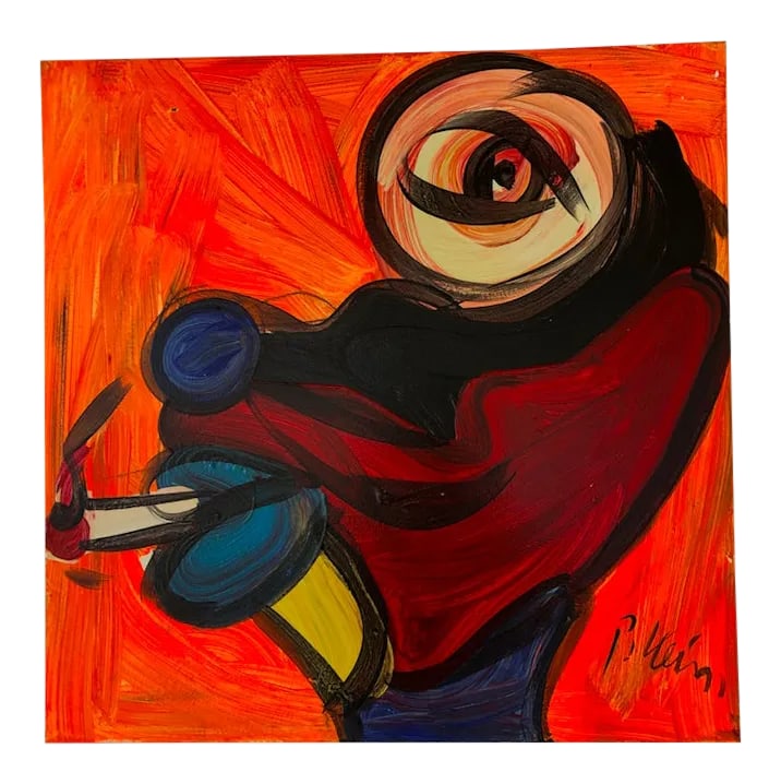 Vintage Abstract Signed Expressionist Portrait Painting by Peter Robert Keil With Certificate of Aut: Peter Keil has produced many Portrait Oil on Boards of this size but the Orange and Blood Rede hues in this piece are superb Stunning Quality Medium Abstract Expressionist Peter Keil Colorful