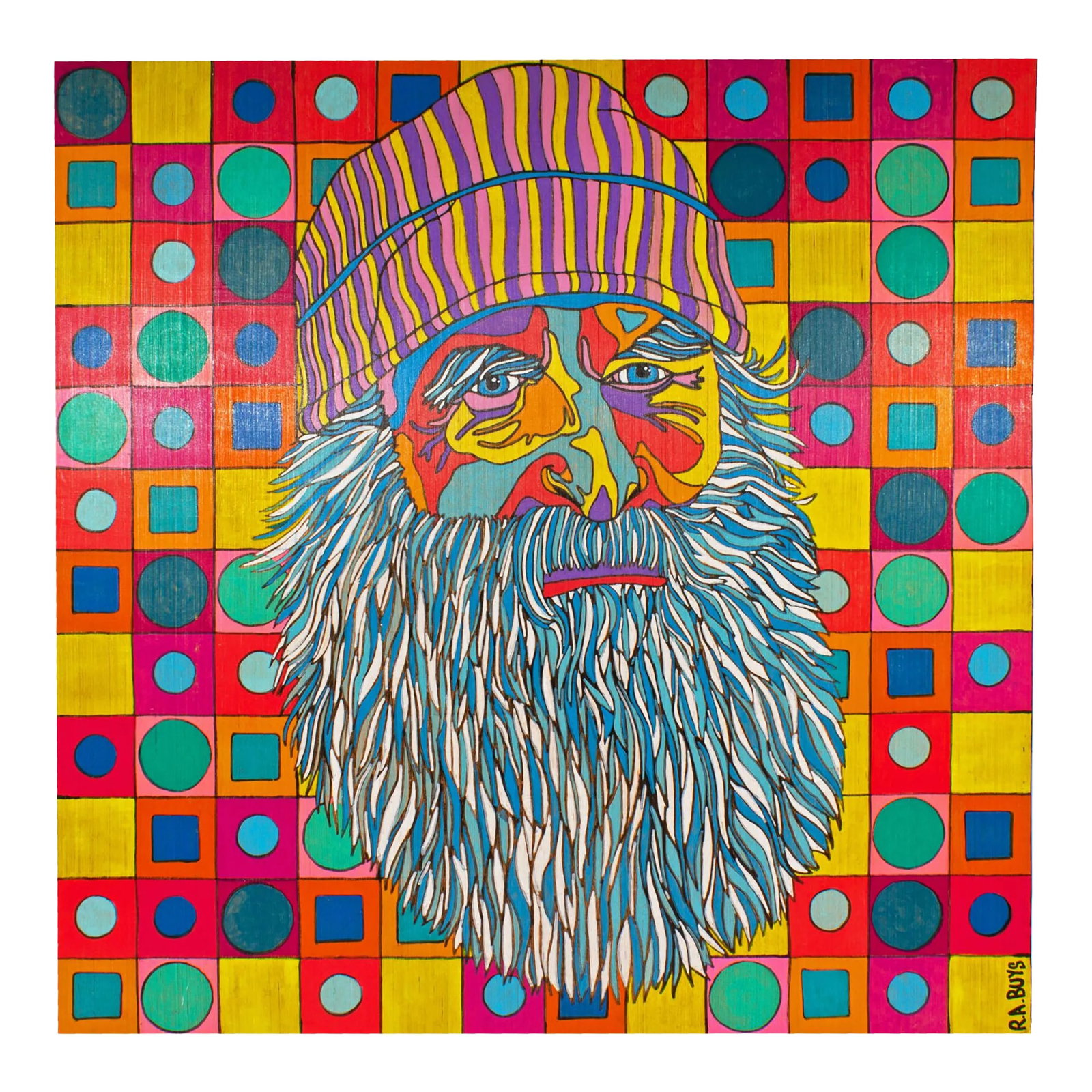 Abstract Signed Mixed Media Portrait of a Bearded Man by r.a. Buys: An abstract mixed media painting on wood board by the American artist R.A. "Drew" Buys. Signed to the lower right, the painting in oil, acrylic, and paint pens depicts a vibrant portrait of a bearded