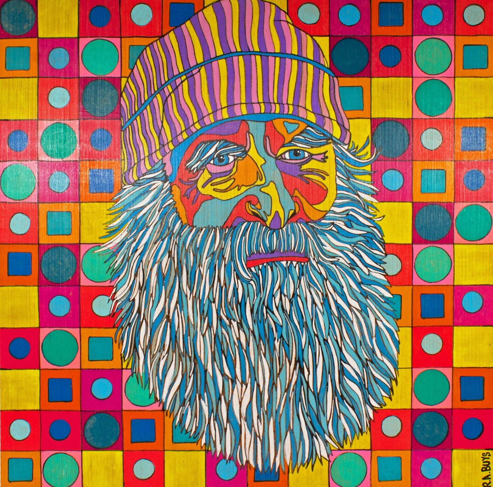 Abstract Signed Mixed Media Portrait of a Bearded Man by r.a. Buys - 2