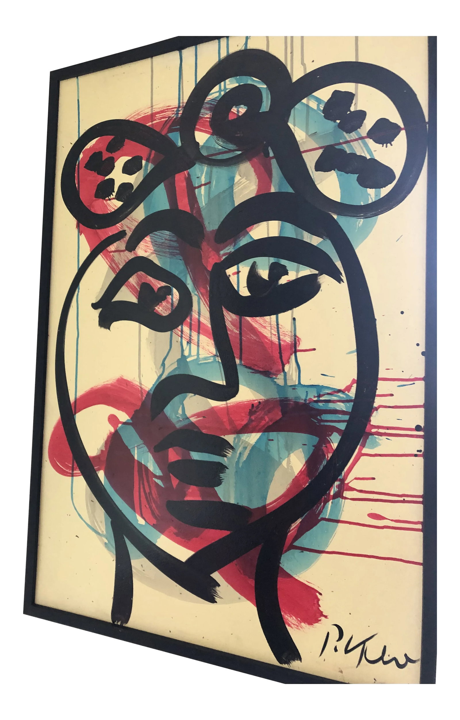 Modern Peter Robert Keil Signed Expressionist Painting With Certificate of Authenticity: One of a grouping of only twelve abstract red and blues ever painted by Peter Keil adopting the short brushstroke with drip method as a backdrop to the abstract 'AoPicasso" style portrait in black