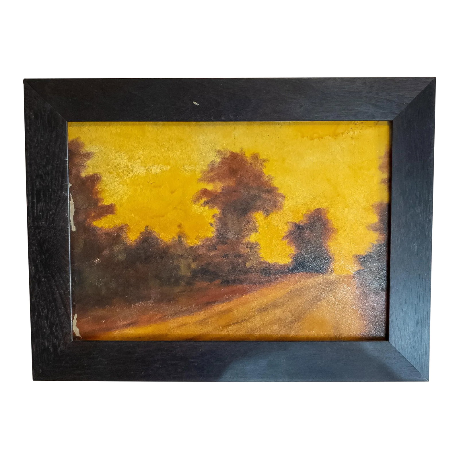 19th Century American Impressionist Luminist Landscape Painting: We are selling this very pretty American Luminist painting. This painting has very bright orange evening sunset coloring on a simple landscape with trees. Very much influenced by Inness or Blakelock.