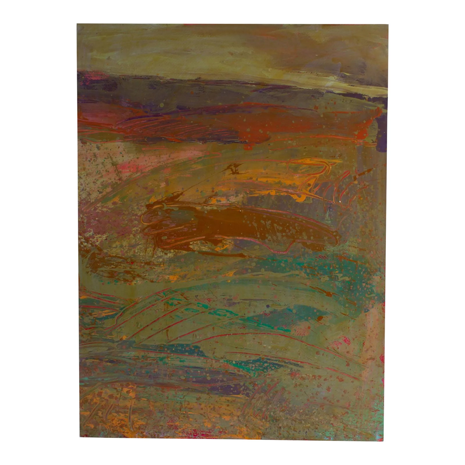 1980s Abstract Landscape Acrylic Painting by Harry Hilson: A 1980s abstract acrylic on paper landscape painting by American artist Harry Hilson (1935-2004). Gestural lines come together to create a vibrant abstract landscape in shades of brown, green, and