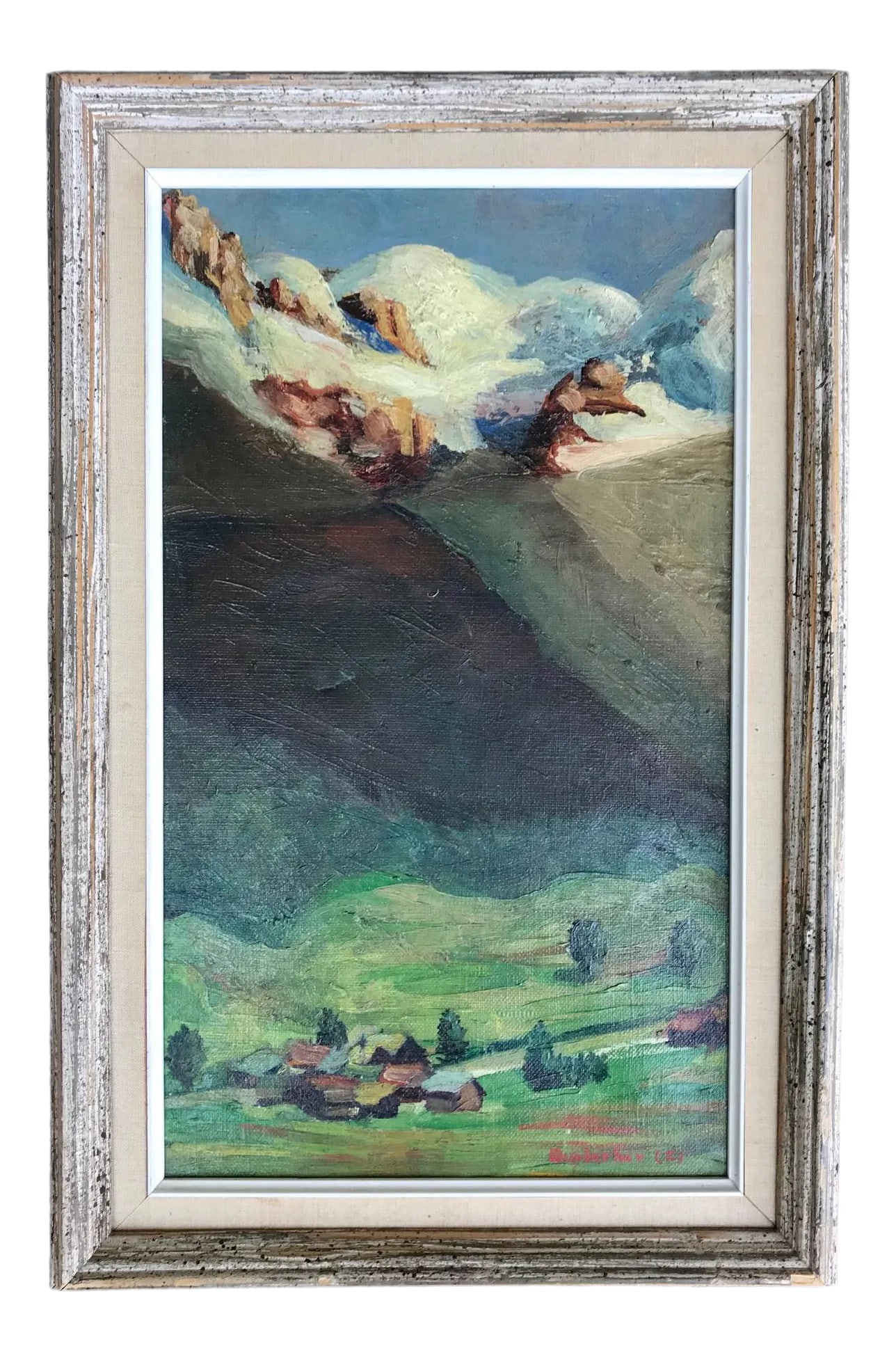 1930s Vintage Ruth Durlacher Alpine Landscape Oil on Canvas Framed Painting: This beautiful painting captures the atmosphere of this alpine valley. While the sun covers the mountain top, the valley lays still in the shade. The mood is peaceful and serene. The talented artist,