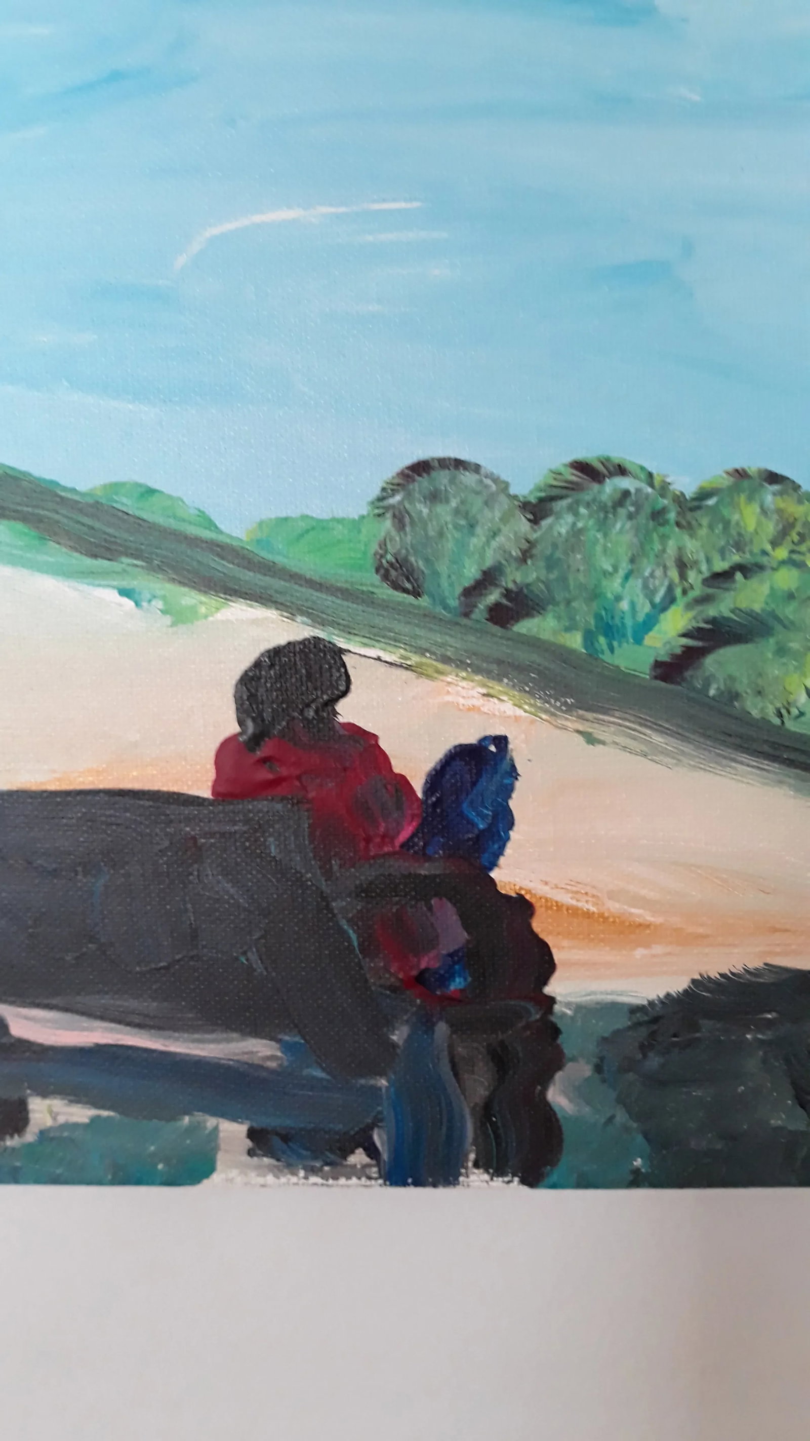 Robert Sundholm "Couple on Bench at the Hudson" Painting. Outside Art - 2