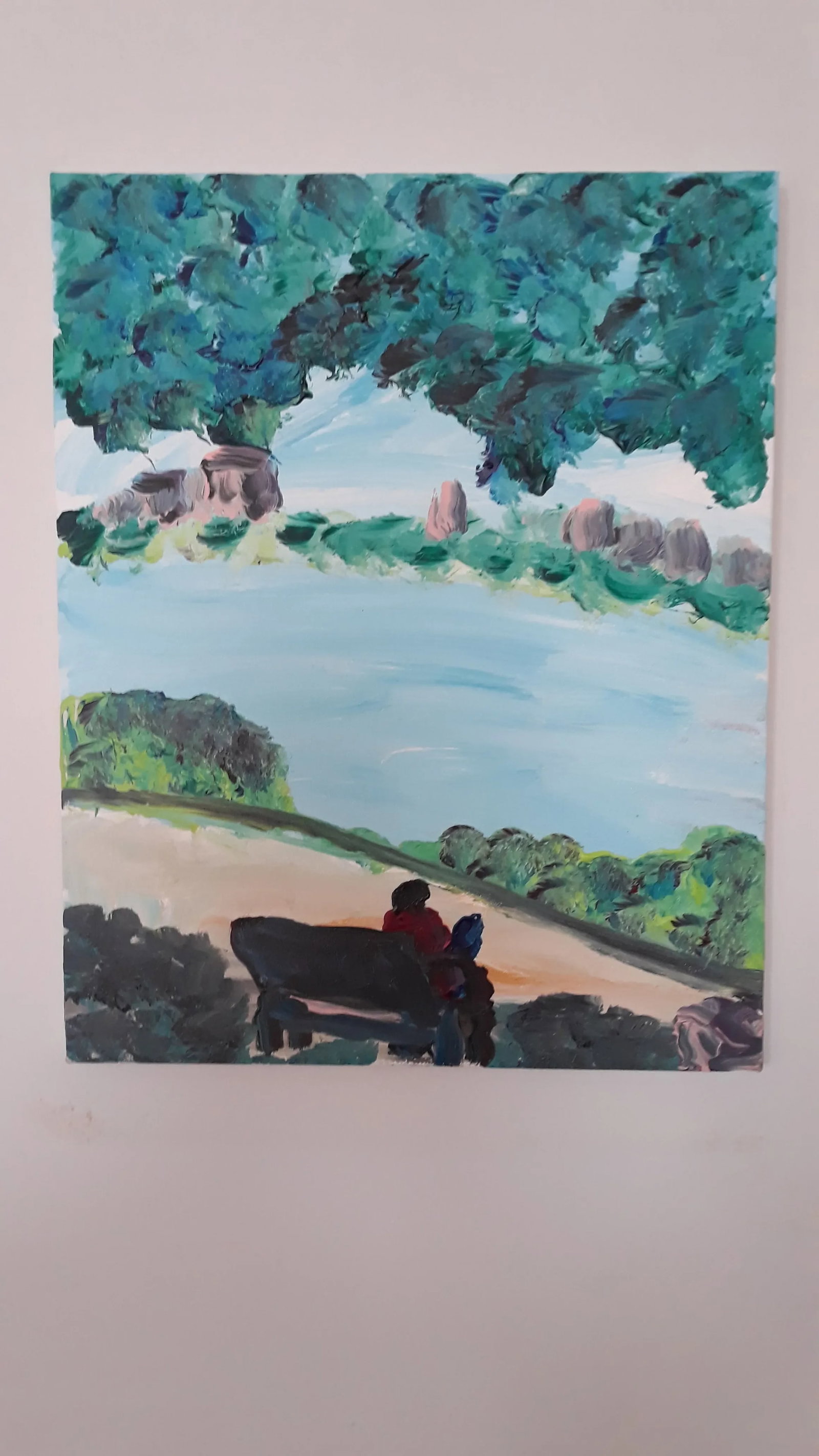 Robert Sundholm "Couple on Bench at the Hudson" Painting. Outside Art - 8