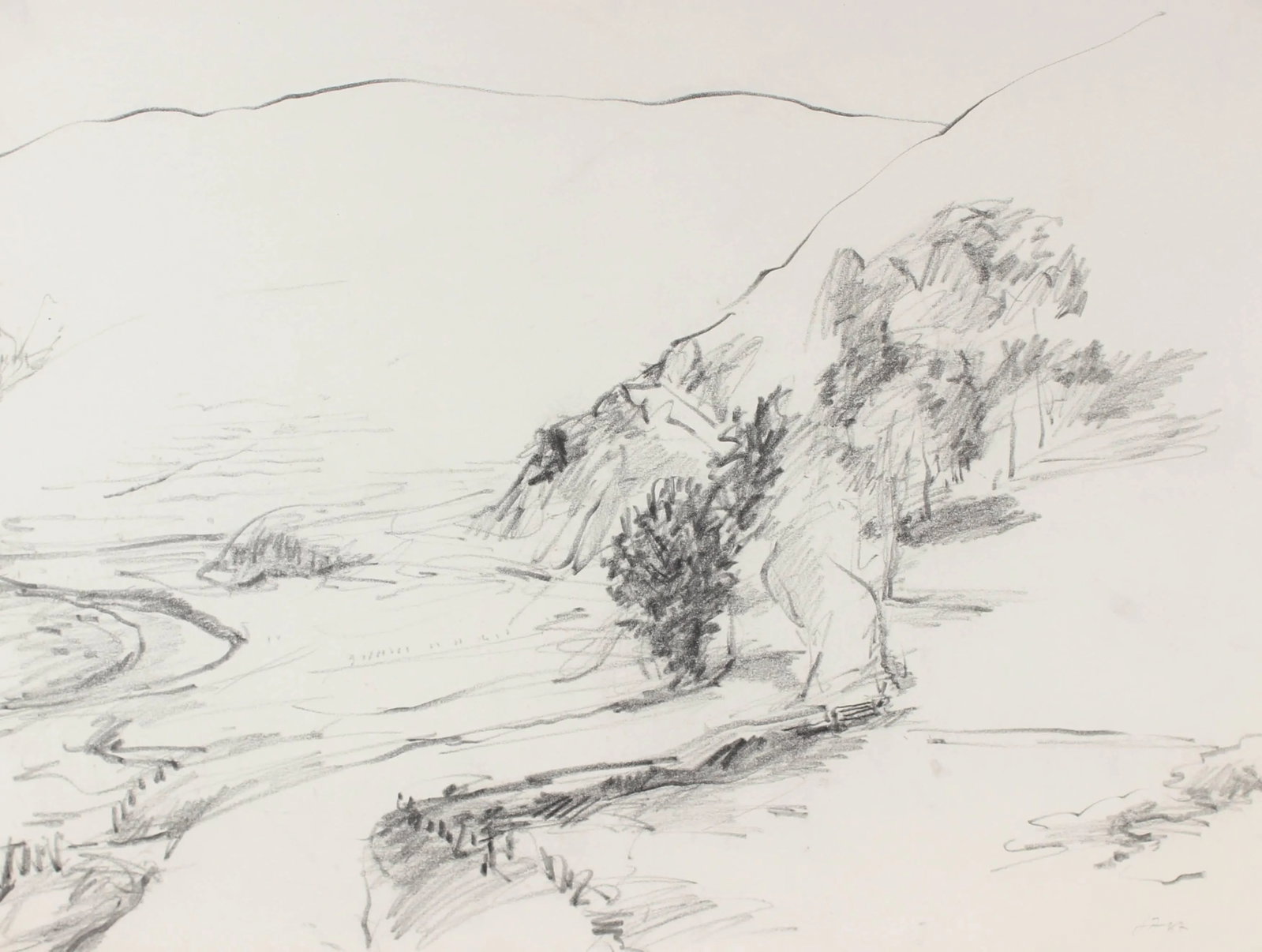 Jack Freeman California Country Road Drawing in Charcoal, 1987: This 1987 charcoal on paper Bay Area landscape is by San Francisco painter Jack Freeman (1938-2014). Freeman studied at the High Museum of Art in Atlanta, landscape and figure drawing with Oskar Kokos