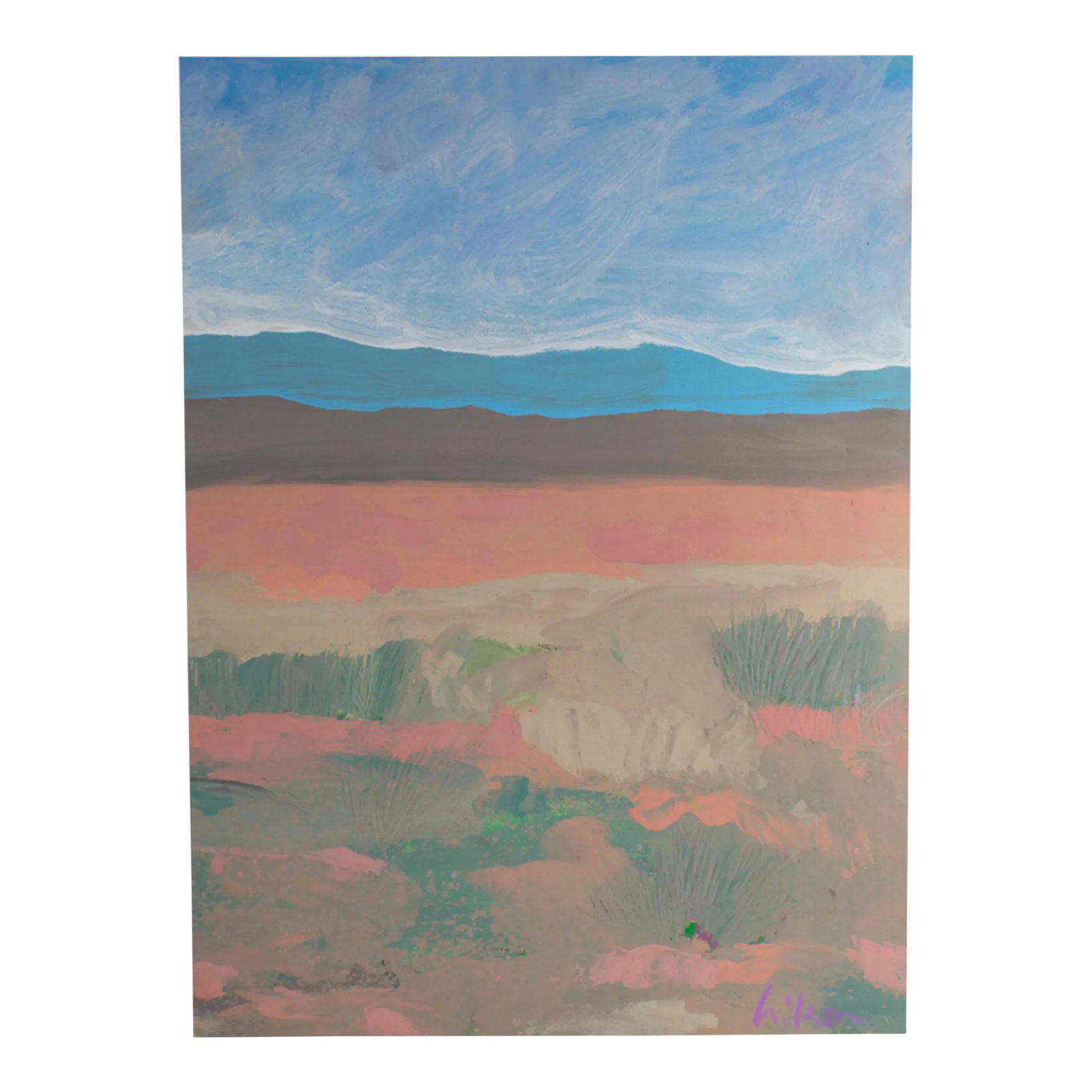 1980s Abstract Landscape Acrylic Painting by Harry Hilson: A 1980s abstract acrylic on paper landscape painting by American artist Harry Hilson (1935-2004). Gestural lines come together to create a vibrant abstract landscape with blue mountains in the backgro