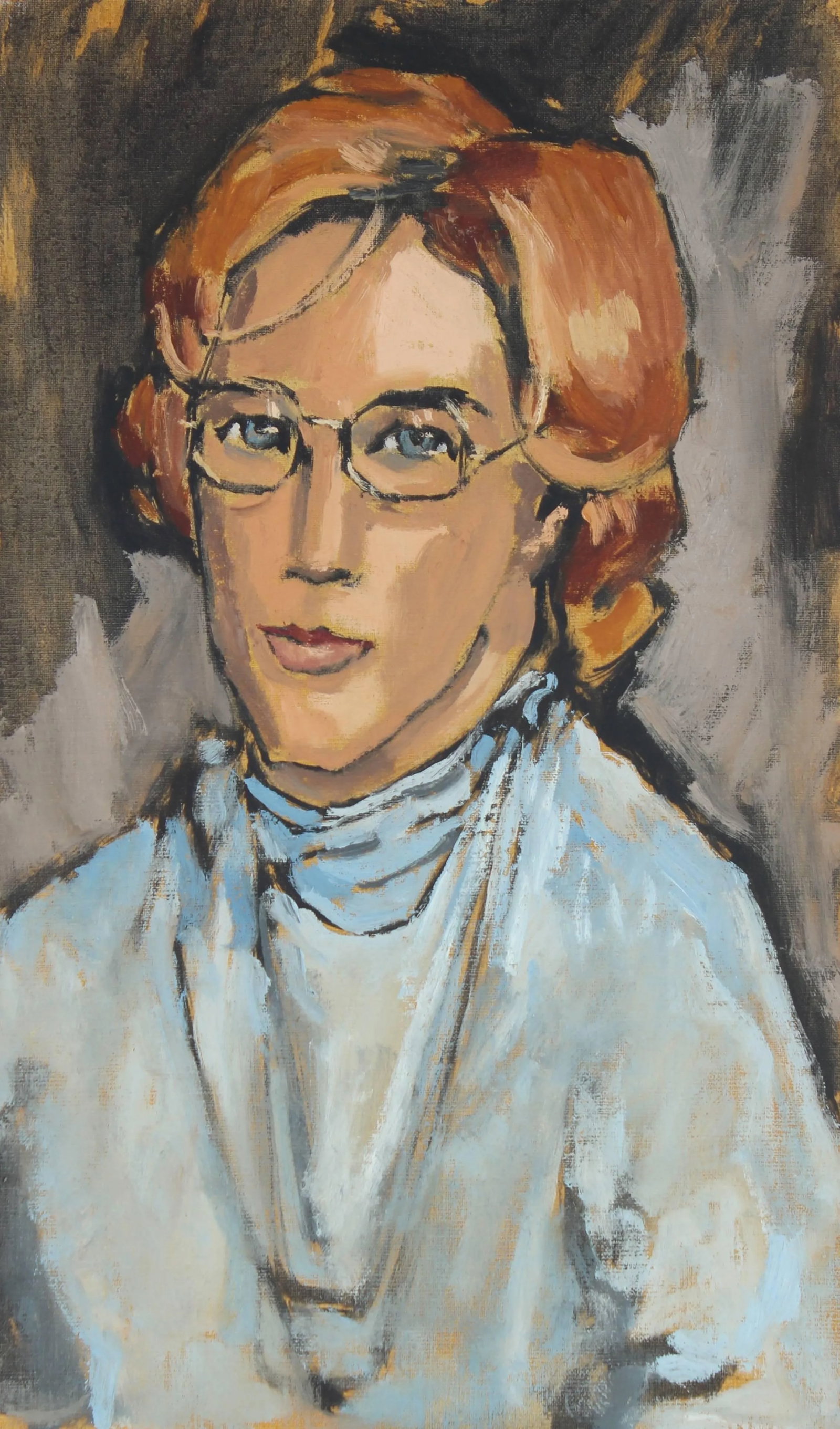Rip Matteson Woman With Glasses, Modernist Portrait in Oil, 1969 1969: This 1969 oil on canvas portrait of a woman with red hair and glasses is by Oakland artist Rip Matteson (1920-2011). Matteson was educated at U.C. Berkeley, C.C.A.C, Scuola di Belle Arte in Rome, the