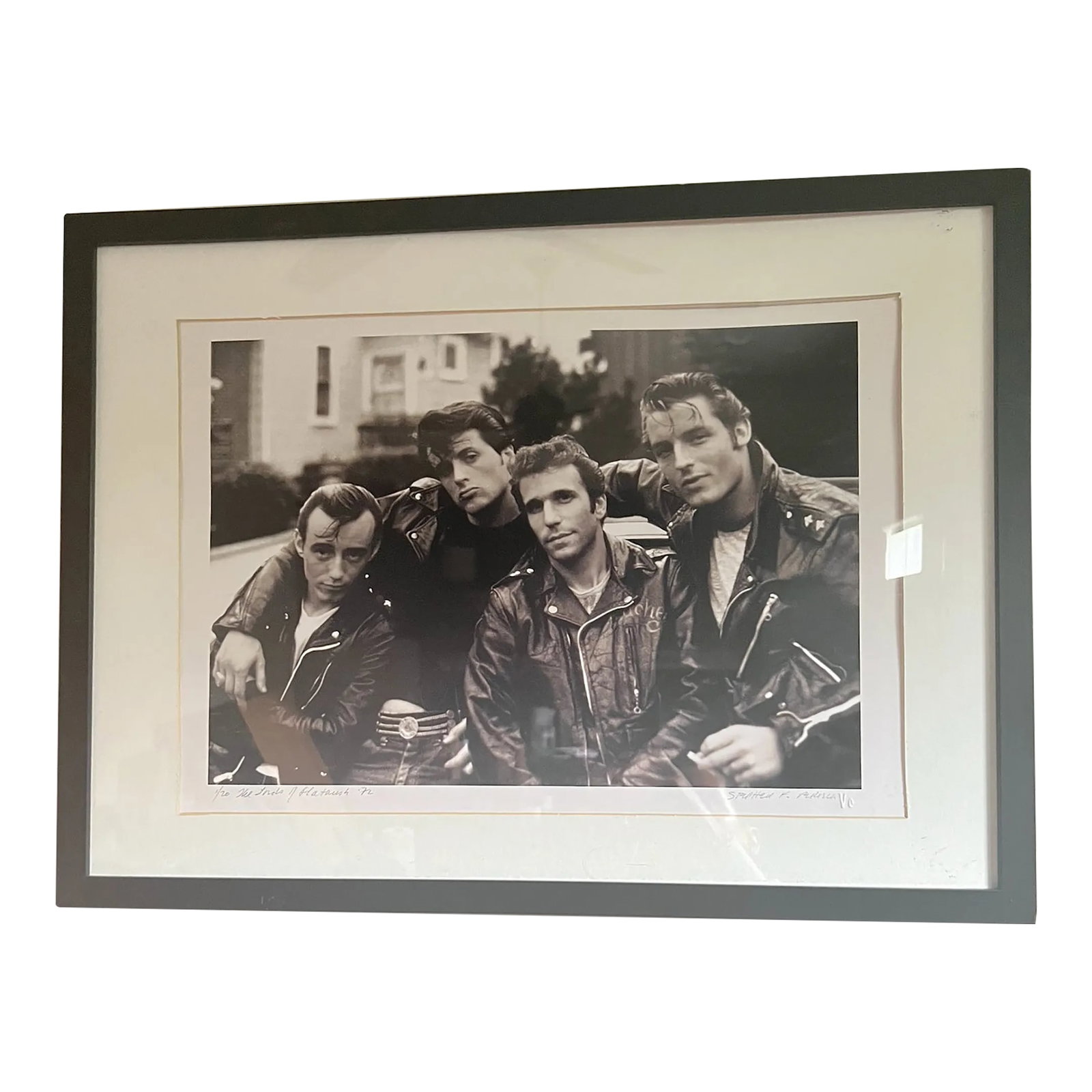 Framed 'The Lords of Flatbush" Photograph by Steven F. Verona 1972 1/20: Black and white photograph titled Framed 'The Lords of Flatbush" taken by Steven F. Verona (September 11, 1940 - July 13, 2019)[1] was an American filmmaker, photographer and painter. Dated 1972