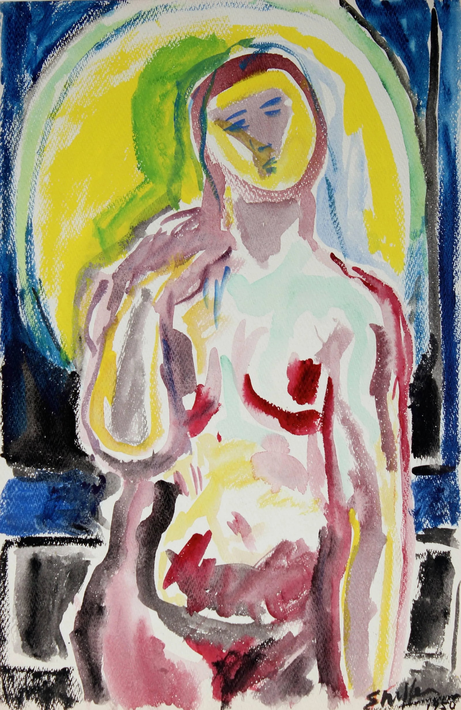 Martin Snipper Colorful "Nude Backlit by Moon" Watercolor Portrait Painting, 1950 - 3