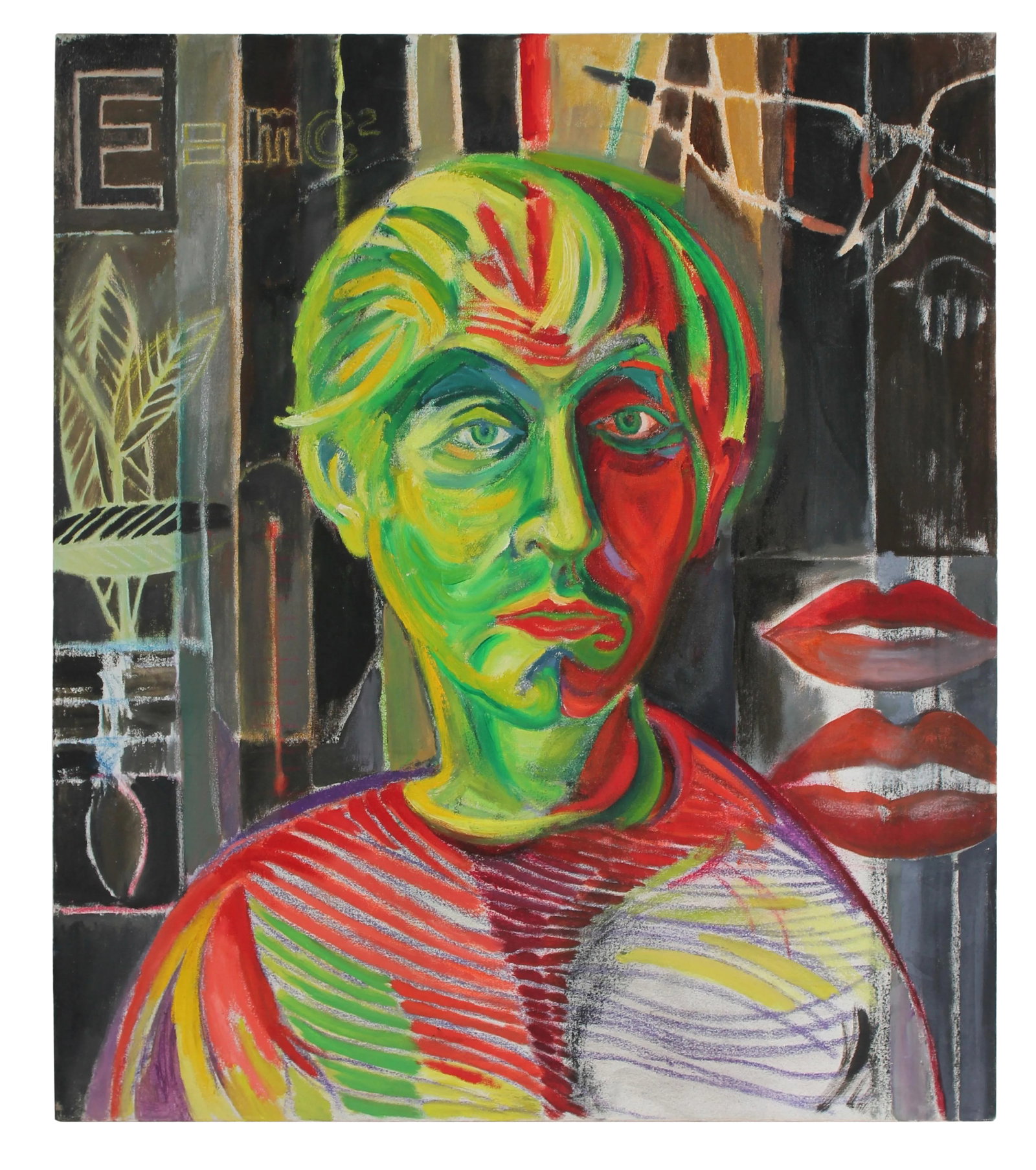 Seymour Tubis Fauvist Self Portrait of the Artist, Oil on Canvas Painting: This late 20th century oil and pastel on canvas self portrait in red, bright green, and black is by Santa Fe artist Seymour Tubis (1919-1993). Tubis studied at the Art Students League with Hans