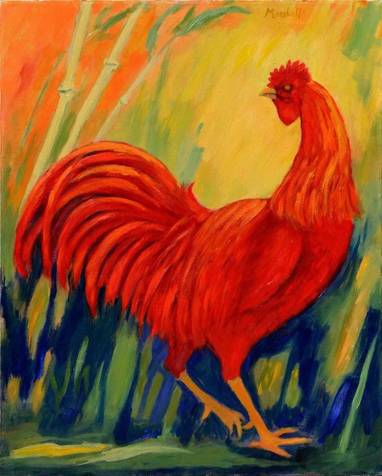 Sophie D. Marshall Some Chick by Sophie Marshall 1993: Vibrant, painterly portrait of a red rooster by California artist Sophie D. Marshall. Signed, titled and dated on verso: "Sophie D. Marshall" "Some Chick, 93"). Unframed. Image, 30"H x 24"W