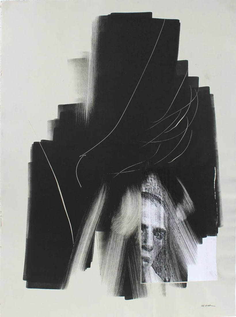 Calvin Anderson Abstracted Portrait Monotype and Collage on Paper Late 1990s- Early 2000s: This Robert Motherwell inspired print circa late 1990s-early 2000s monotype and collage of a mans face on paper is by Bay Area painter, printmaker, and designer Calvin Anderson (b. 1925). He studied