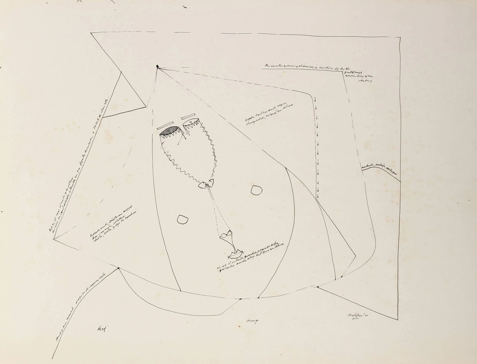 Santos Rene Irizarry "Head" Modernist Abstracted Portrait in Ink, 1967 1967: This 1967 pen and ink on paper entitled "Head" is by Puerto Rican artist Santos Rene Irizarry (1934-1997). He studied art at the University of Puerto Rico with Carlos Marichal, the Galeria Campeche